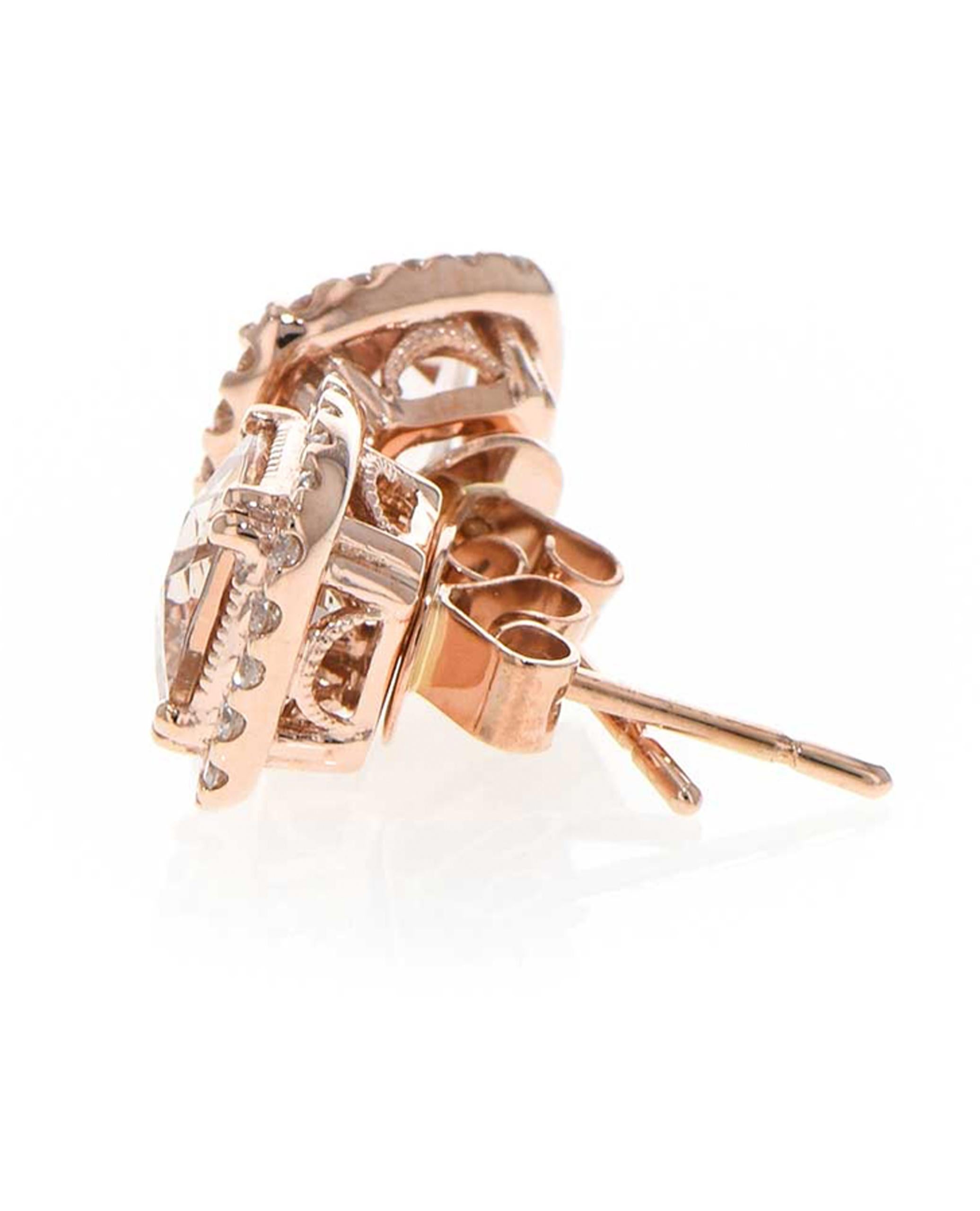 Allison Kaufman 14K rose gold stud earrings with two square morganites weighing 1.62 carats total and round diamonds weighing 0.26 carat total.  

- Diamonds are G color, SI1/2 clarity.