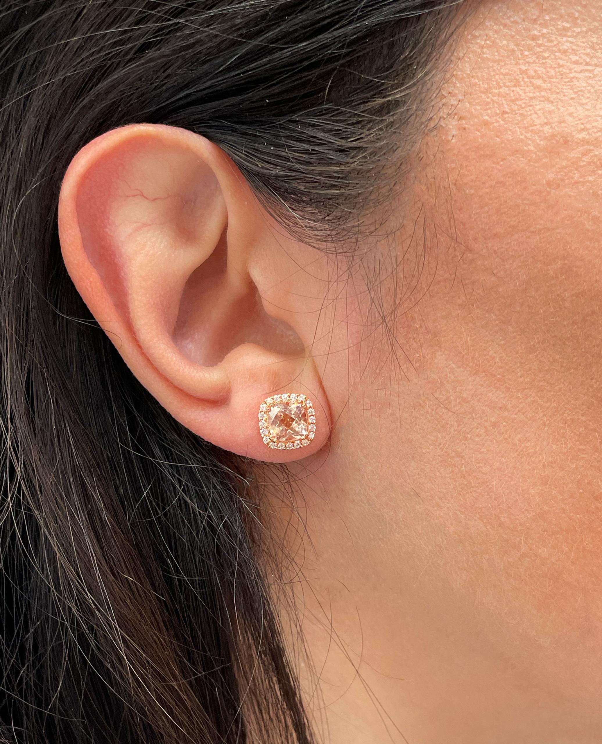 Square Cut Allison Kaufman 14K Rose Gold Morganite & Diamond Stud Earrings with Pushbacks For Sale