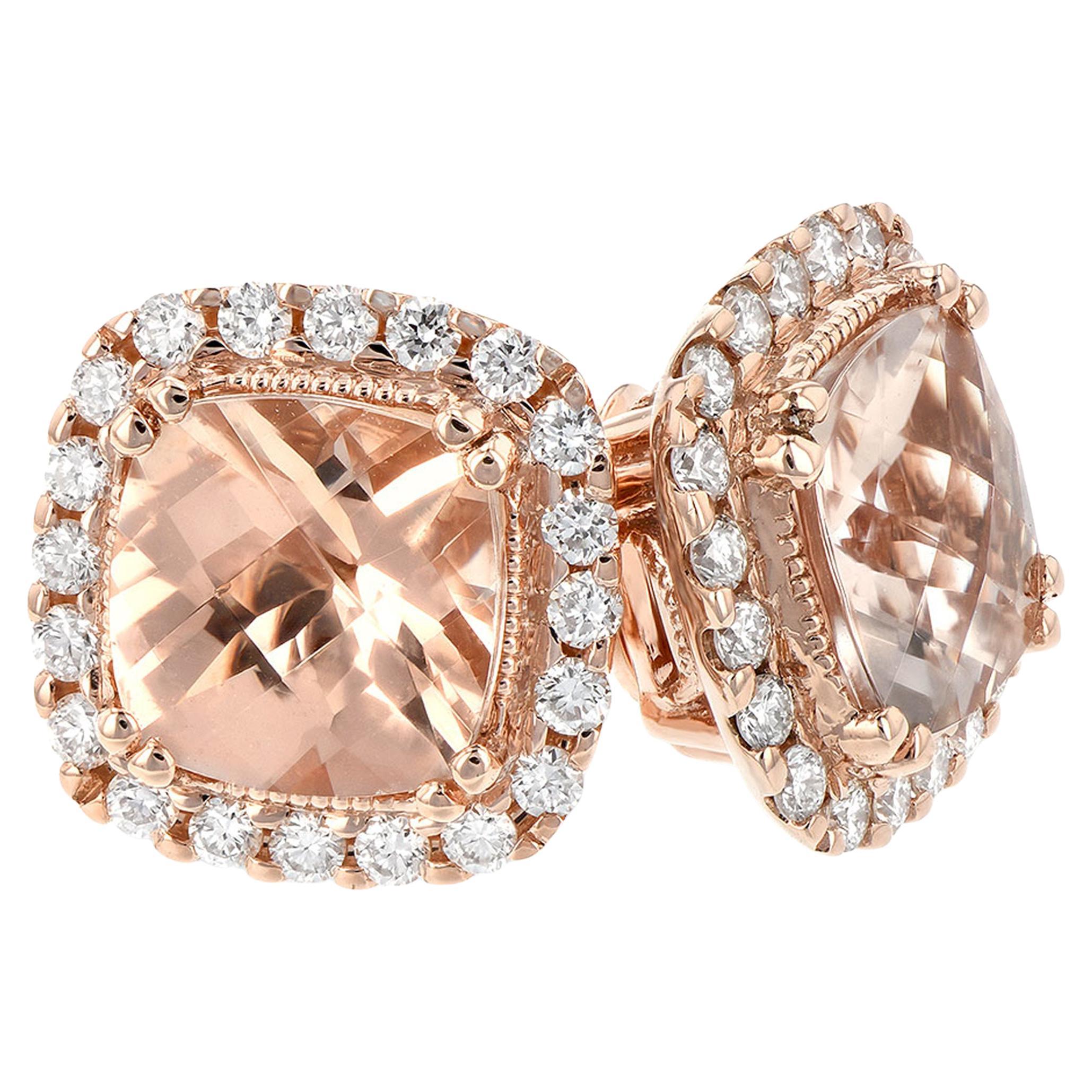 Allison Kaufman 14K Rose Gold Morganite & Diamond Stud Earrings with Pushbacks For Sale