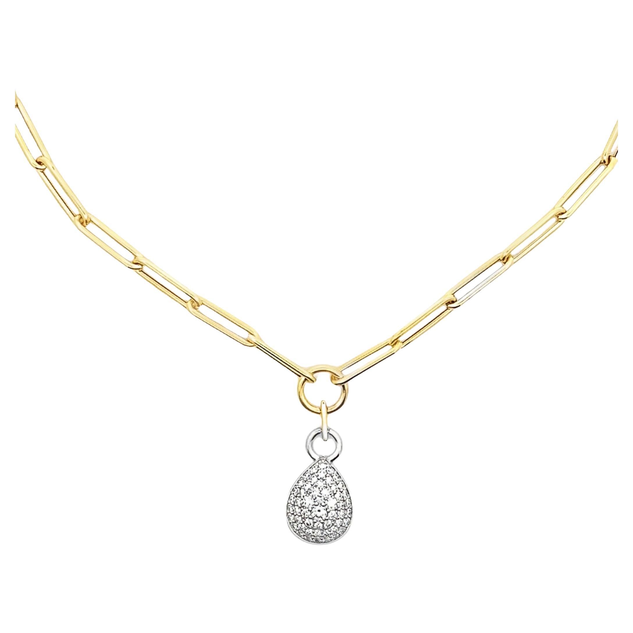 Allison Kaufman 14K Two Tone Paperclip Necklace with Tear Drop Diamond Pendant For Sale