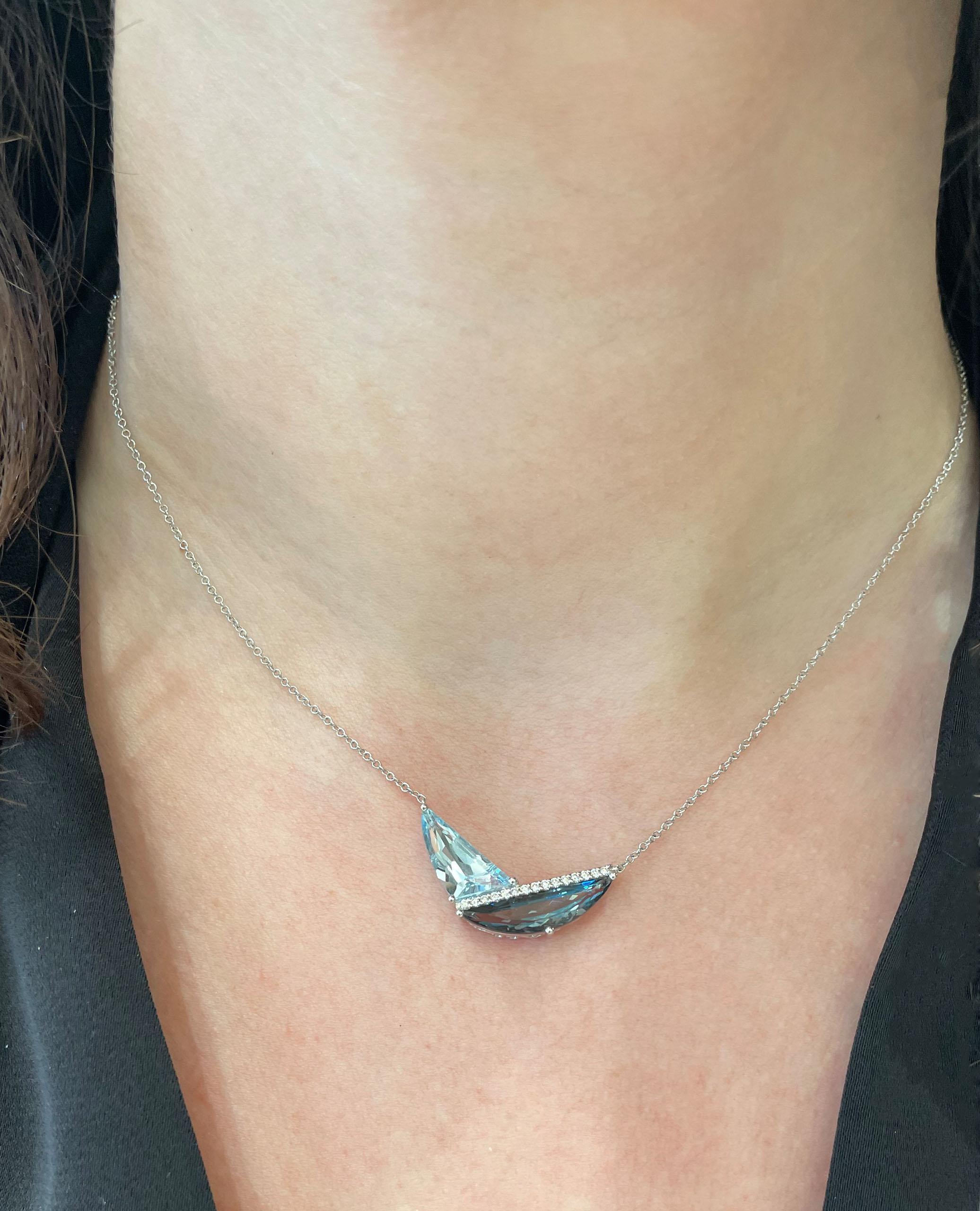 Women's Allison Kaufman 14K White Gold Blue Topaz Geometric Necklace Diagonal Diamonds