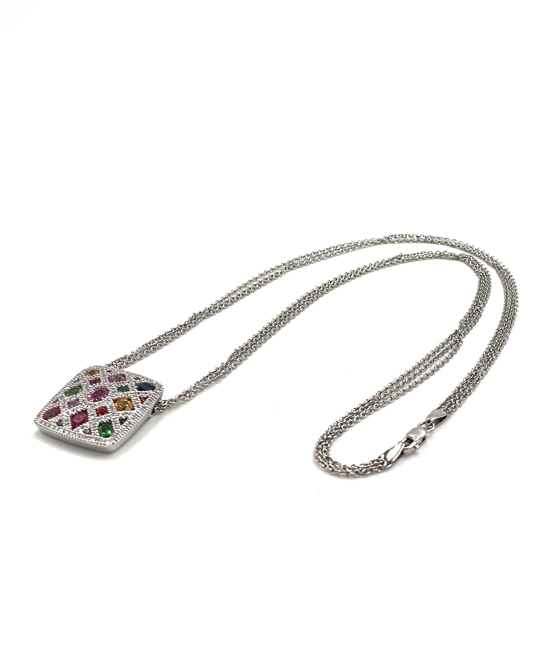 Contemporary Allison Kaufman 14K White Gold Colorful Necklace with Sapphires, Garnet, Ruby For Sale