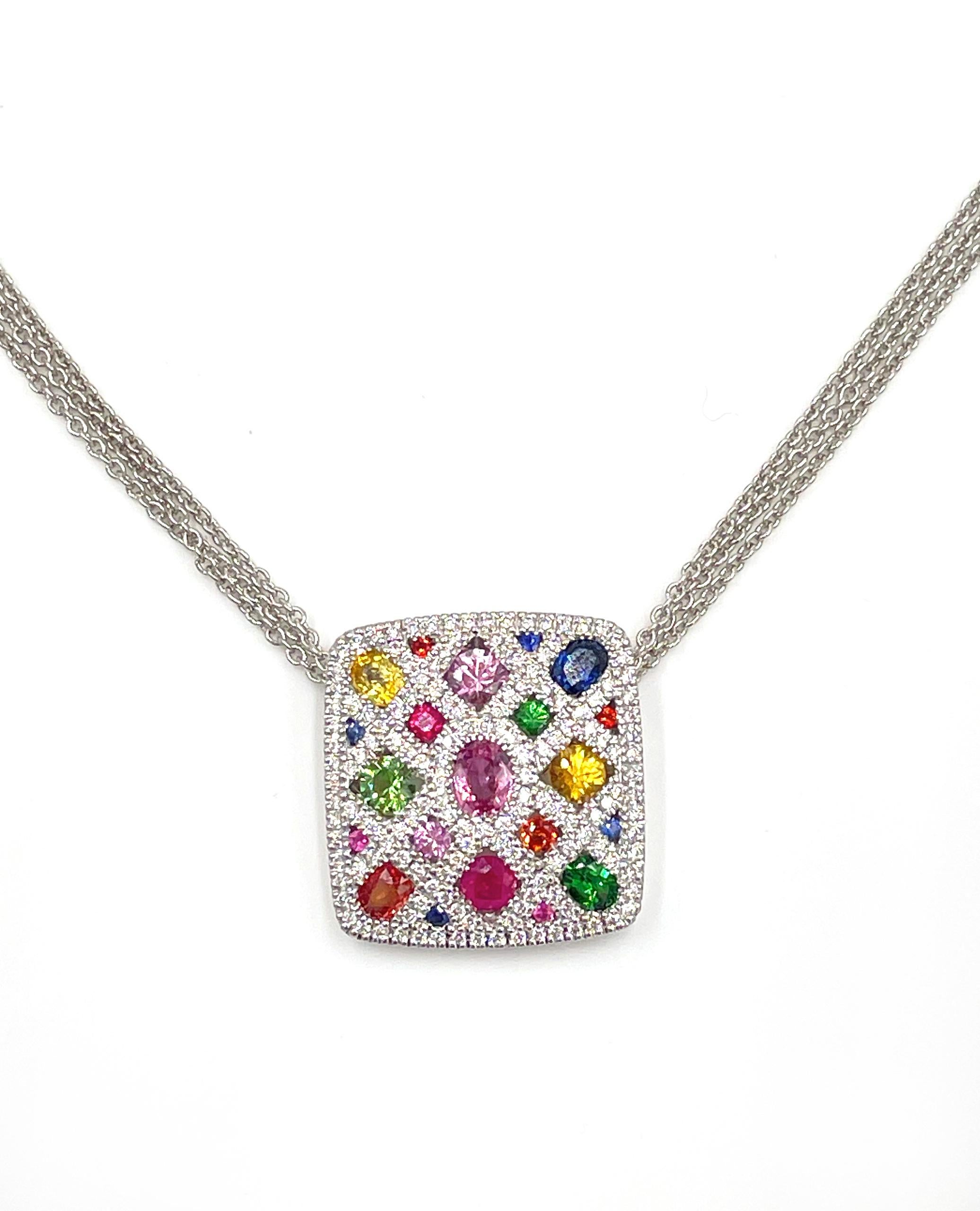 Round Cut Allison Kaufman 14K White Gold Colorful Necklace with Sapphires, Garnet, Ruby For Sale