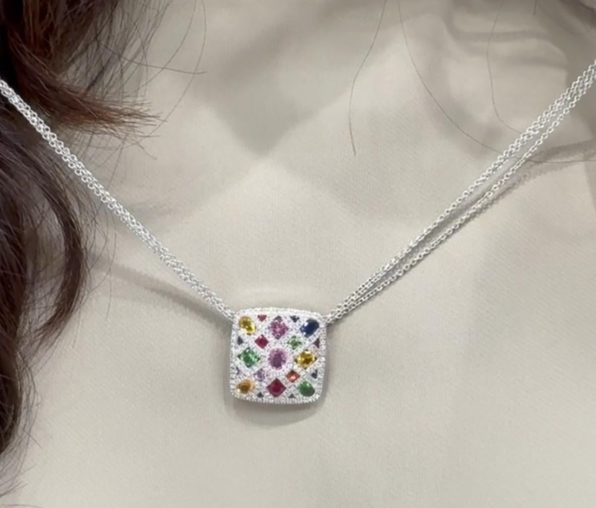 Allison Kaufman 14K White Gold Colorful Necklace with Sapphires, Garnet, Ruby For Sale 1