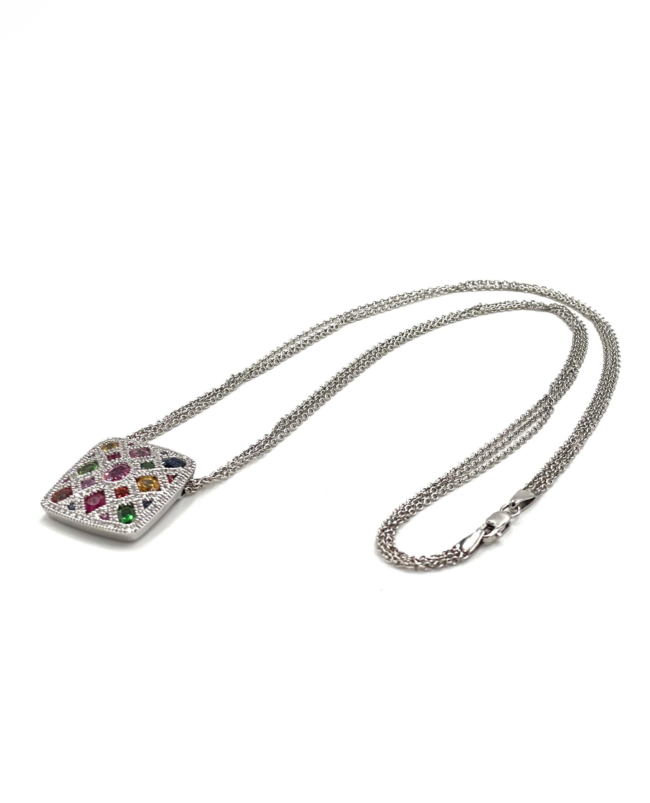 Allison Kaufman 14K white gold square shape pendant with 0.63 carat diamonds and multi colored sapphires, ruby and garnet 2.59 carats total weight. The pendant slides on a 16 inch triple chain with a lobster clasp.