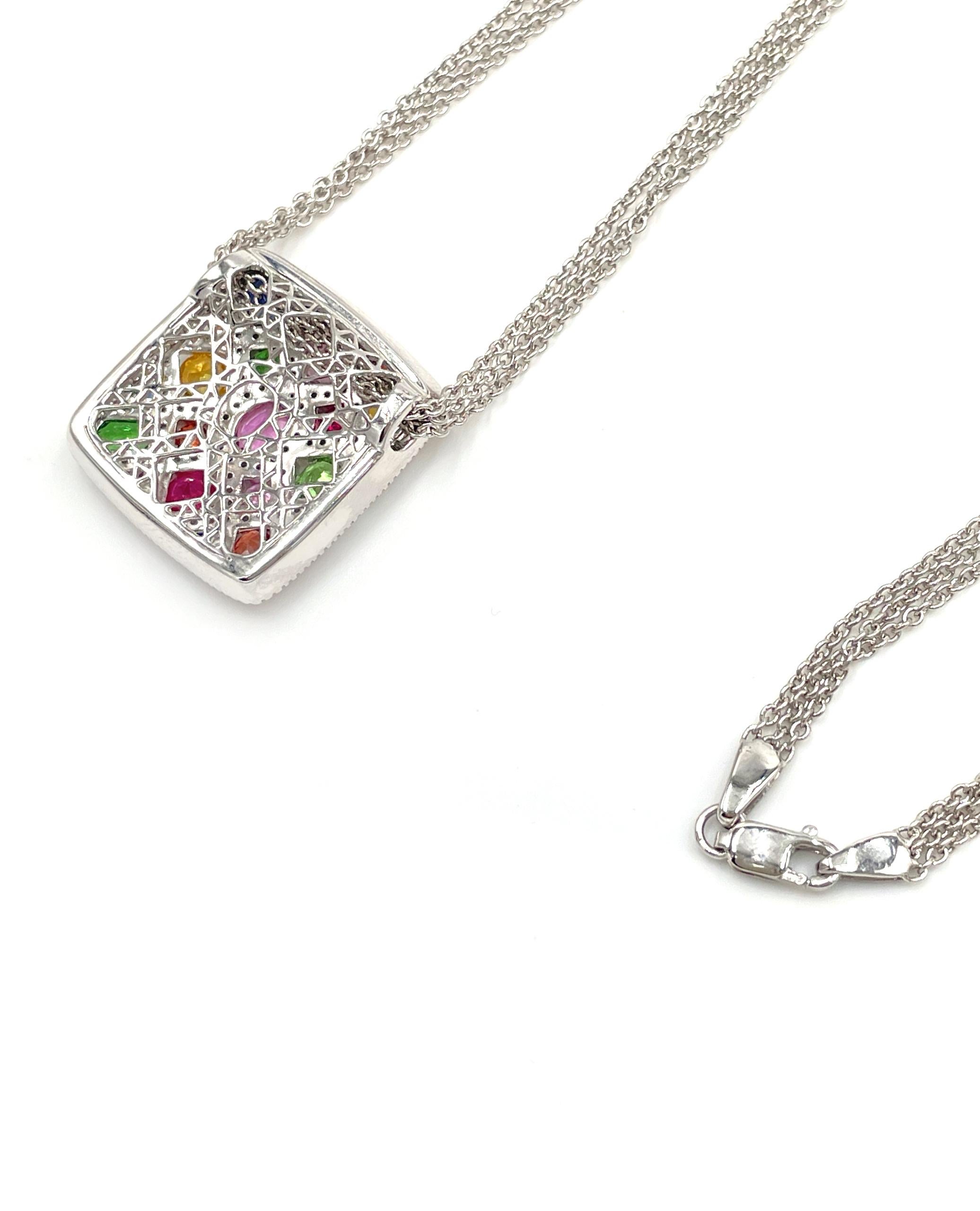 Allison Kaufman 14K White Gold Multicolor Necklace - Sapphires, Garnet, Ruby In New Condition For Sale In Old Tappan, NJ