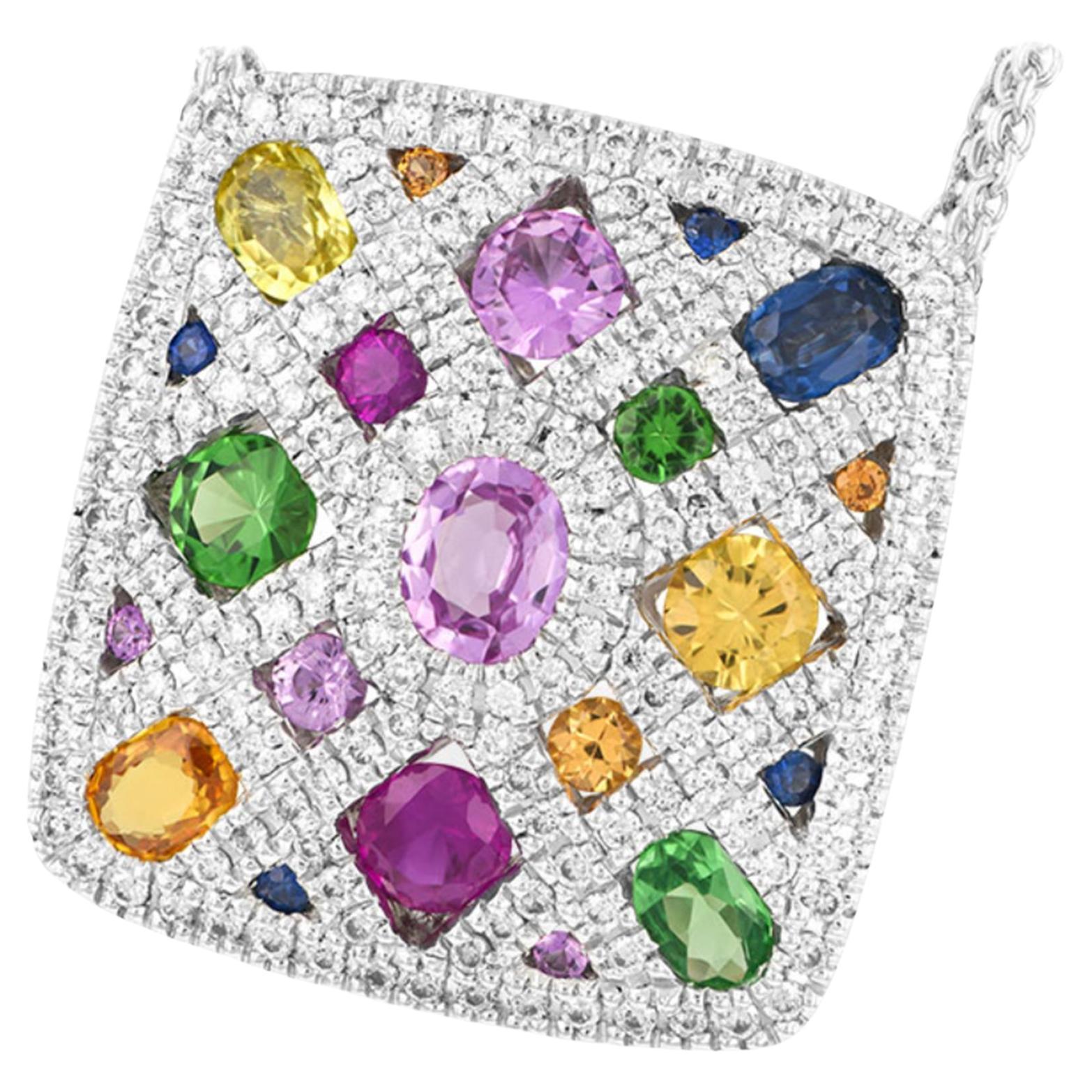 Allison Kaufman 14K White Gold Multicolor Necklace - Sapphires, Garnet, Ruby For Sale