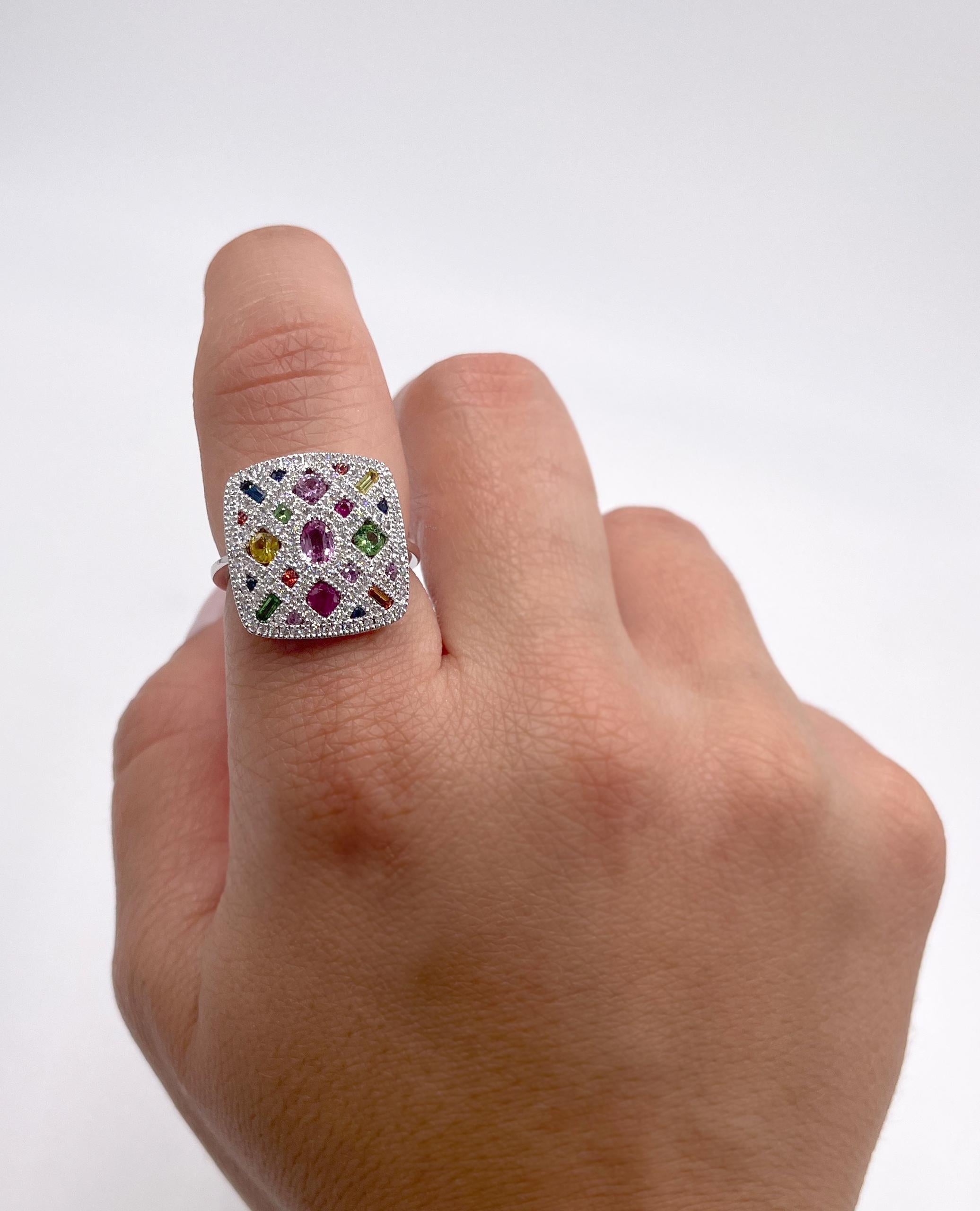 Allison Kaufman 14K White Gold Square Shape Multicolor Ring In New Condition In Old Tappan, NJ