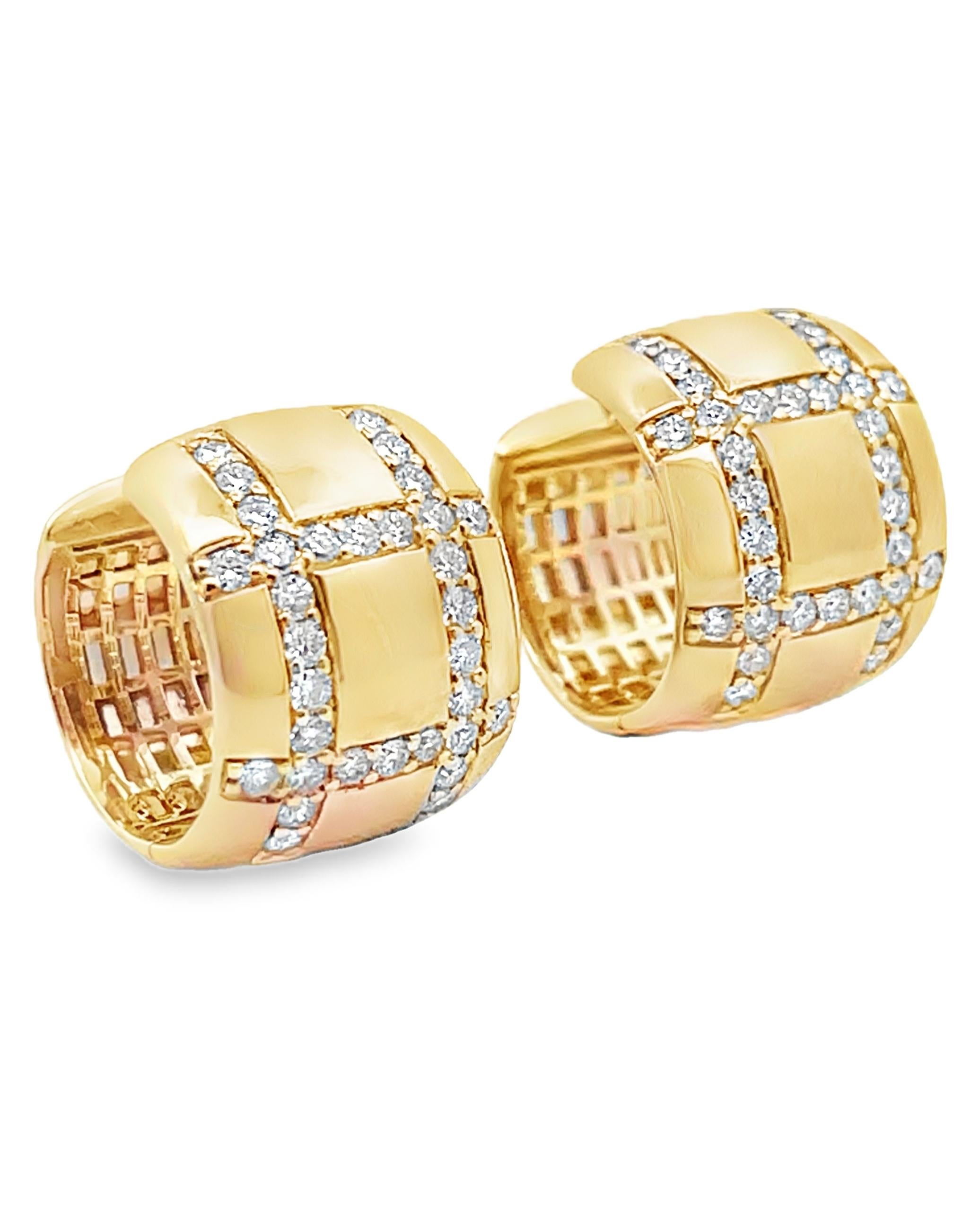 Allison Kaufman 14K yellow gold huggie hoop earrings with round faceted diamonds weighing 0.75 carat total. 

- Earrings are 11.8 mm wide and 12.5mm inside diameter 
- Diamonds are G color, SI3 clarity. 