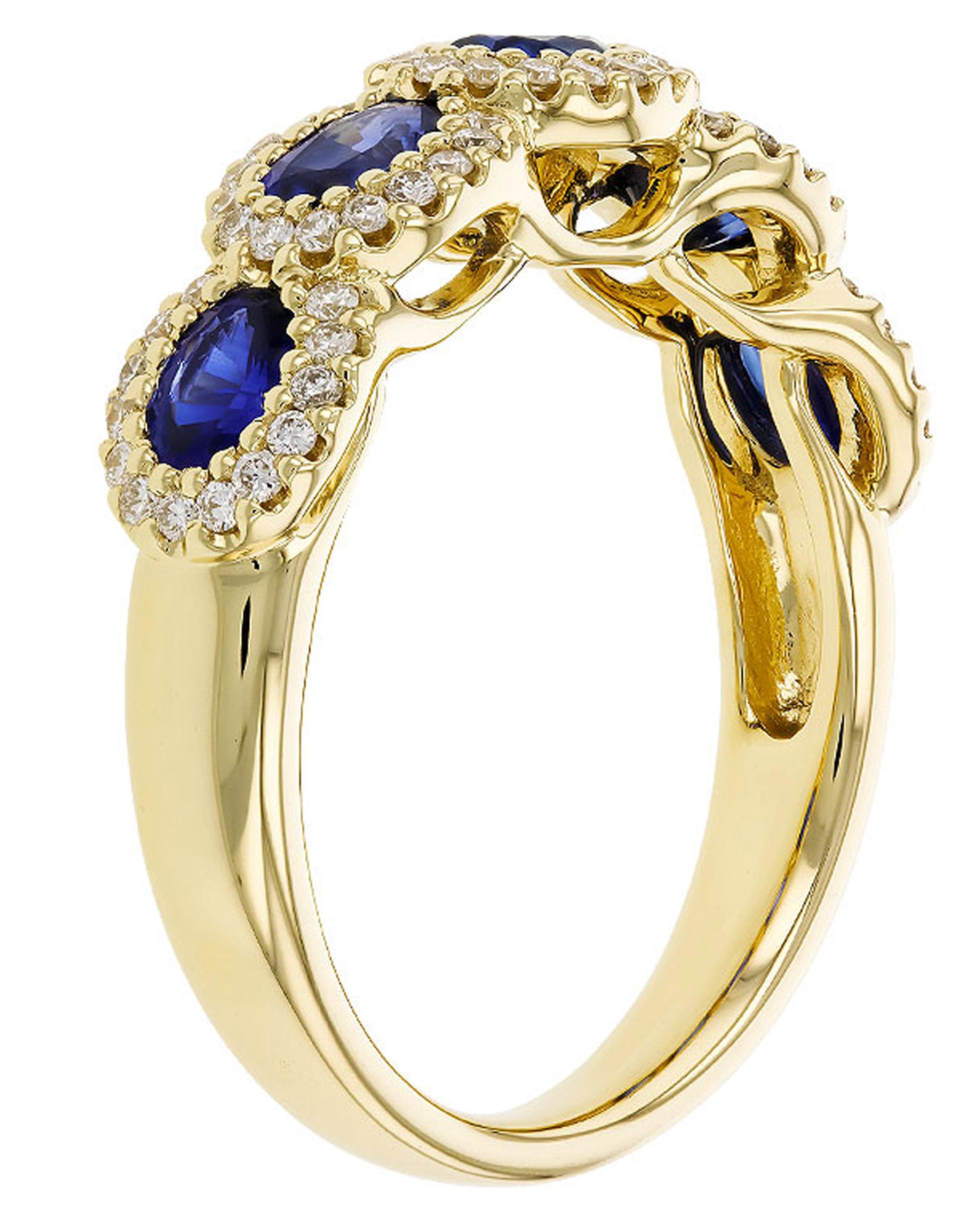 Allison Kaufman 14K yellow gold ring with five oval blue sapphires weighing 1.42 carats total and round diamonds weighing 0.33 carat total.  

- Diamonds are G color, SI1/SI2 clarity 
- Finger size 7, can be sized up or down by up to 2 sizes

Video