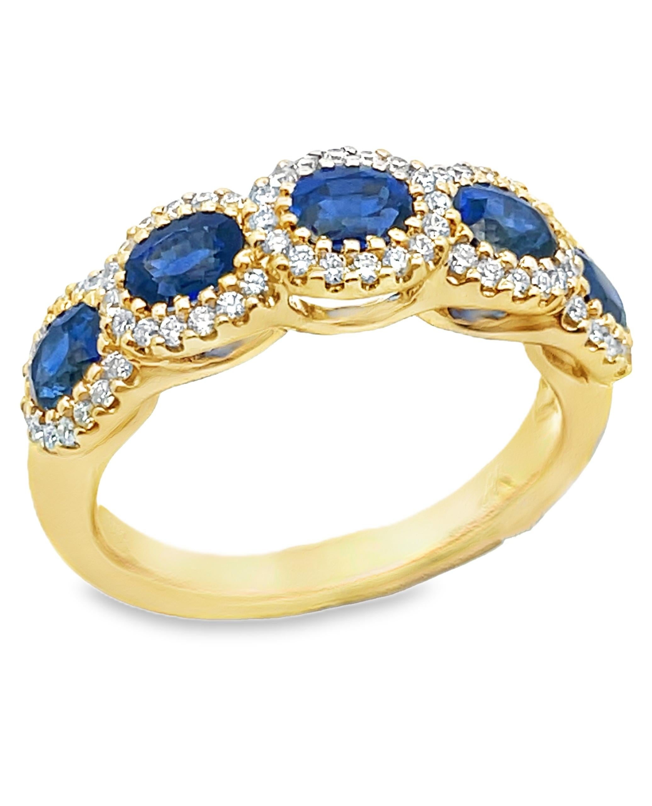 Mixed Cut Allison Kaufman 14K Yellow Gold 1.42 Carats Oval Blue Sapphire and Diamond Ring For Sale