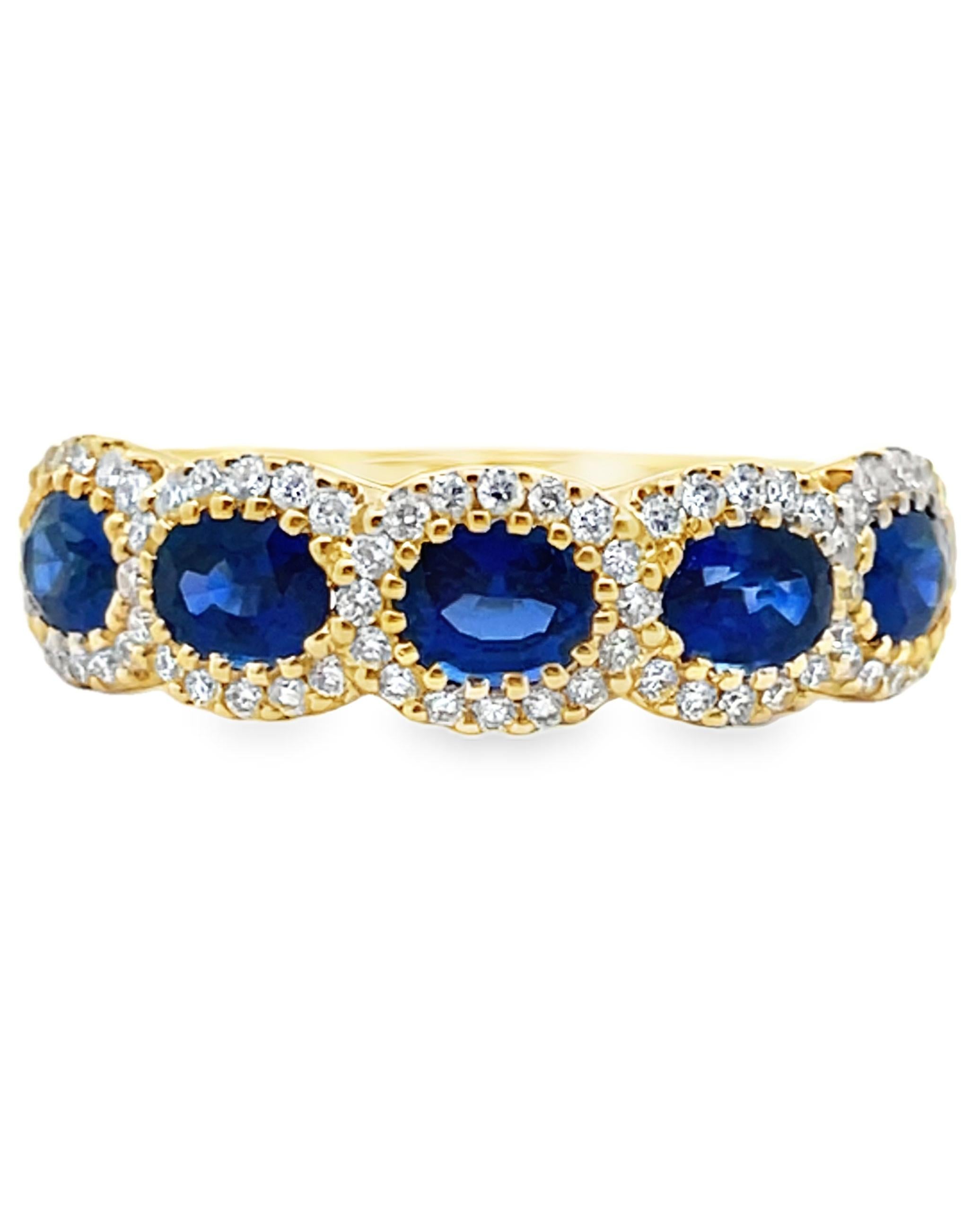 Allison Kaufman 14K Yellow Gold 1.42 Carats Oval Blue Sapphire and Diamond Ring In New Condition For Sale In Old Tappan, NJ