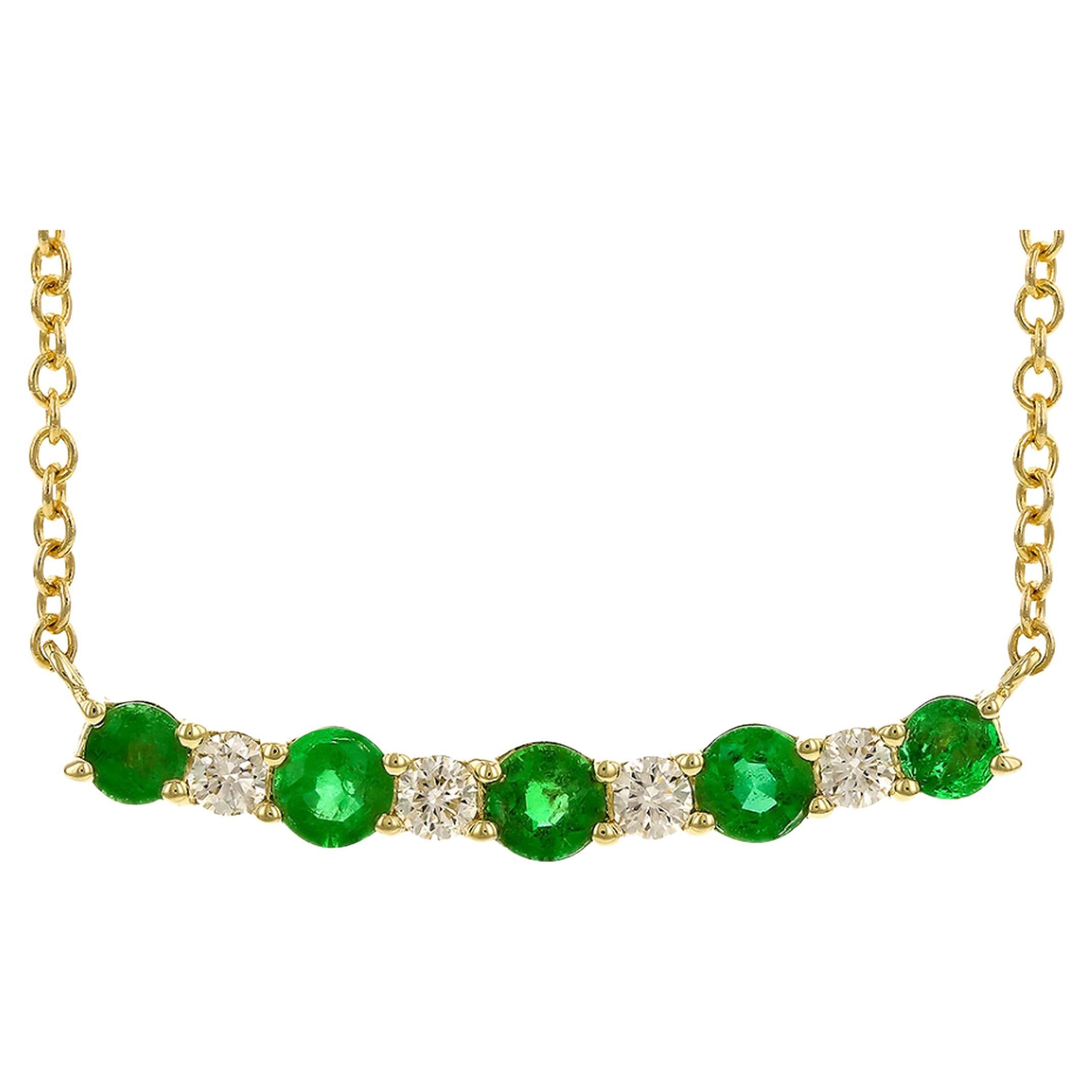 Allison Kaufman 14K Yellow Gold Bar Chain Necklace w/ Round Emeralds & Diamonds