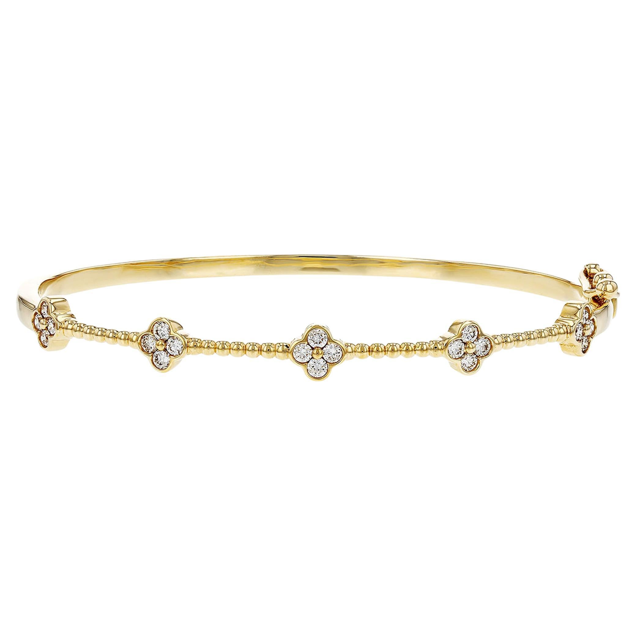 Allison Kaufman 14K Yellow Gold Diamond Four Leaf Quatrefoil Bangle Bracelet For Sale