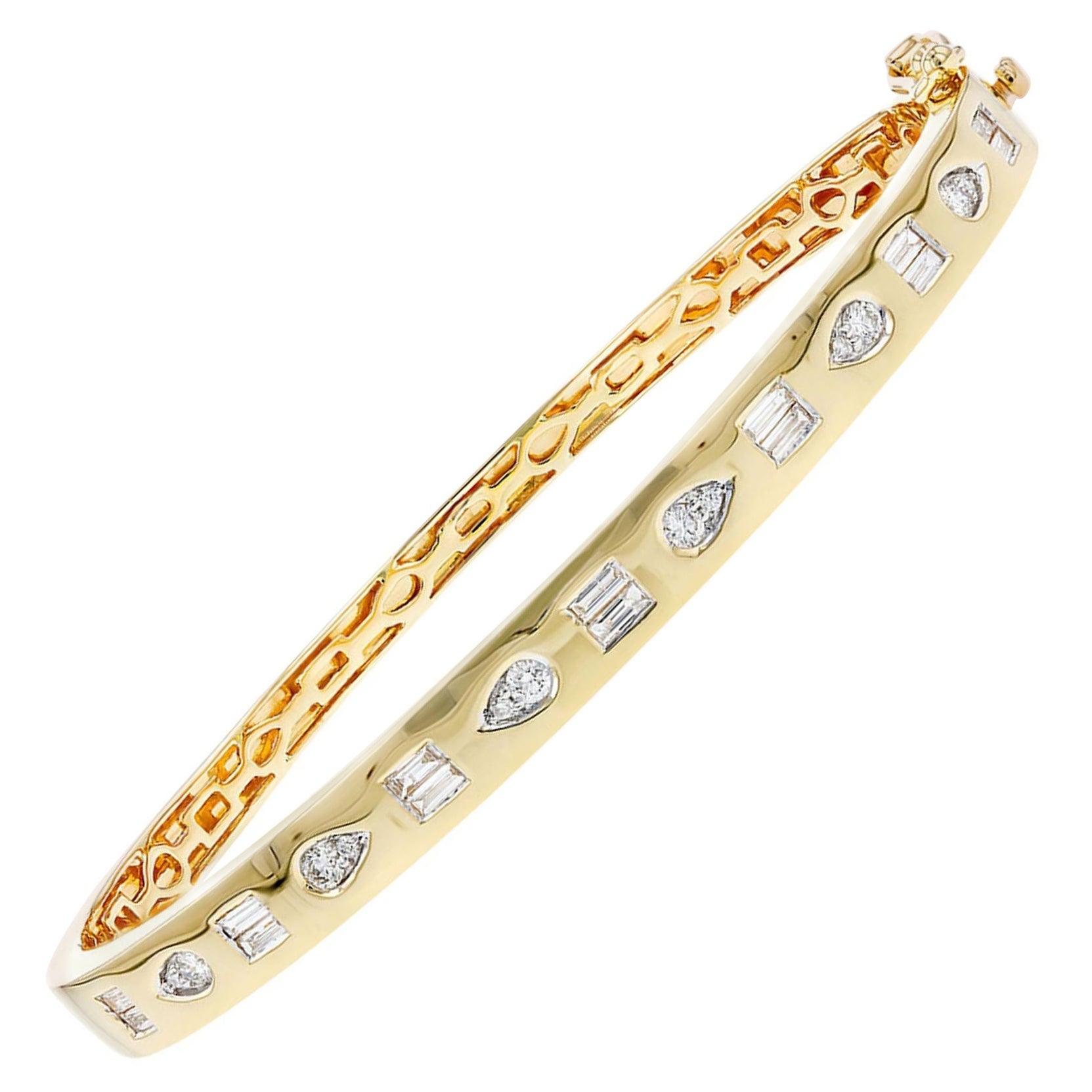 Allison Kaufman 14K Yellow Gold Geometric Bangle Bracelet with Diamonds For Sale
