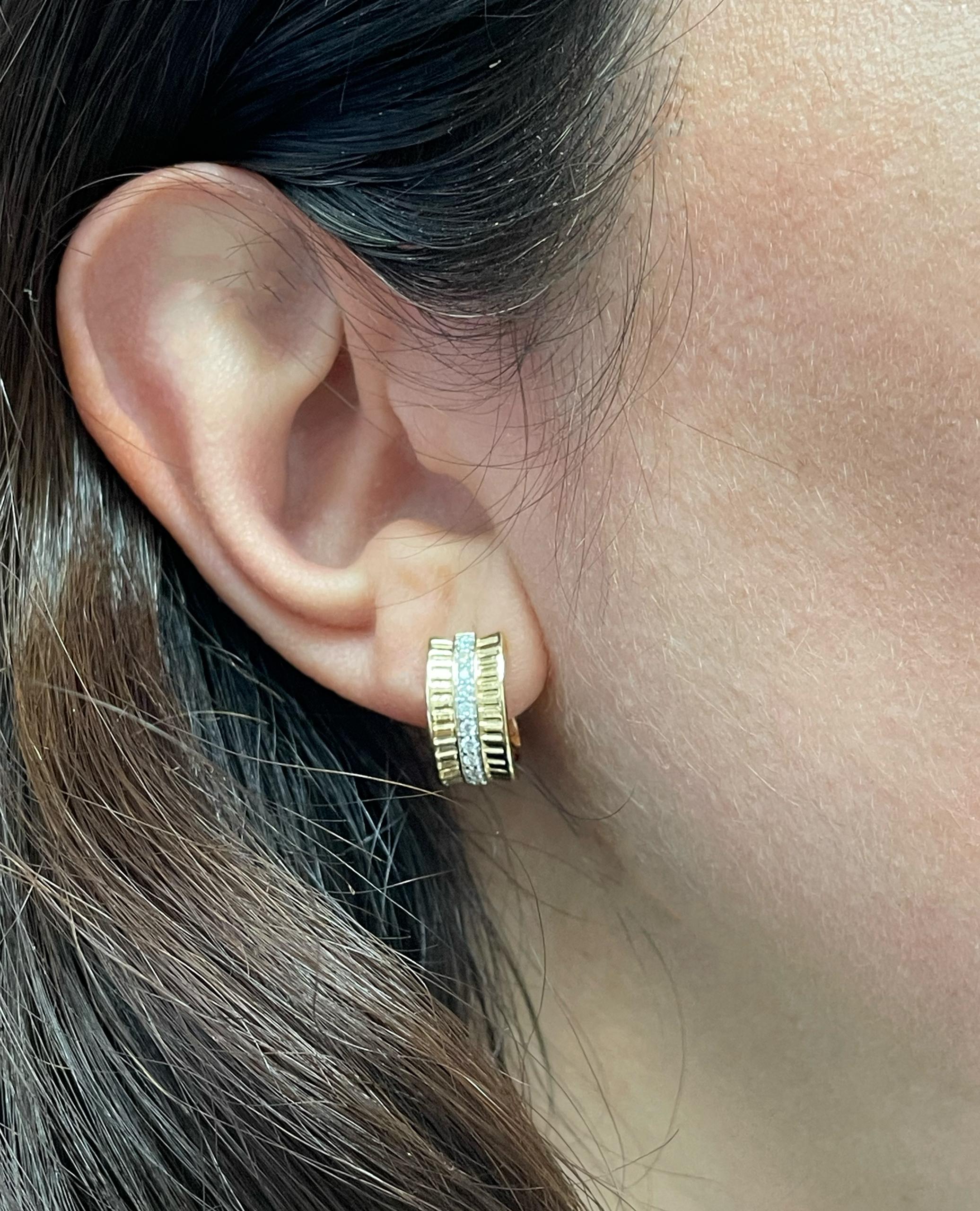 Allison Kaufman 14K Yellow Gold Huggie Hoop Earrings with Row of Round Diamonds In New Condition For Sale In Old Tappan, NJ