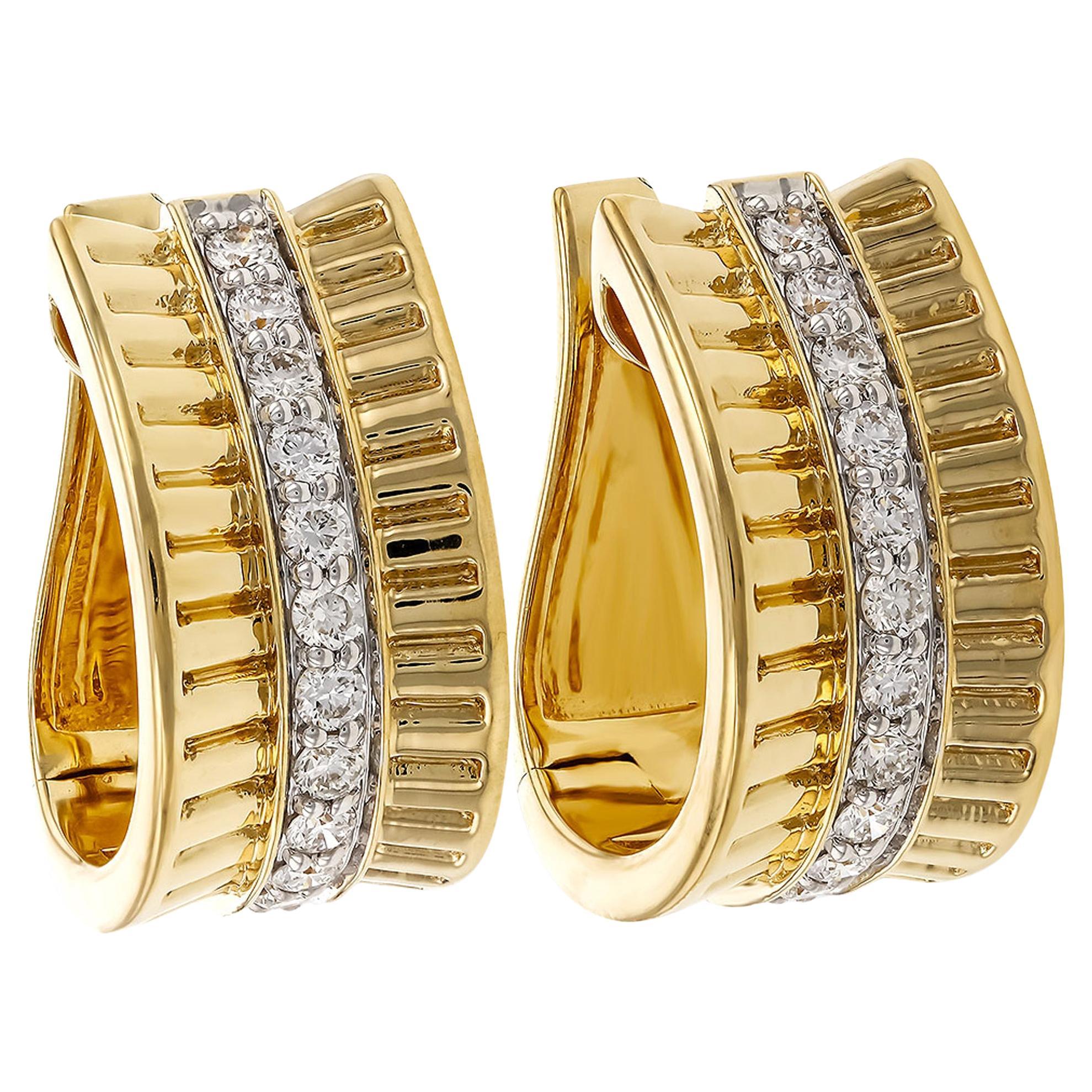 Allison Kaufman 14K Yellow Gold Huggie Hoop Earrings with Row of Round Diamonds For Sale
