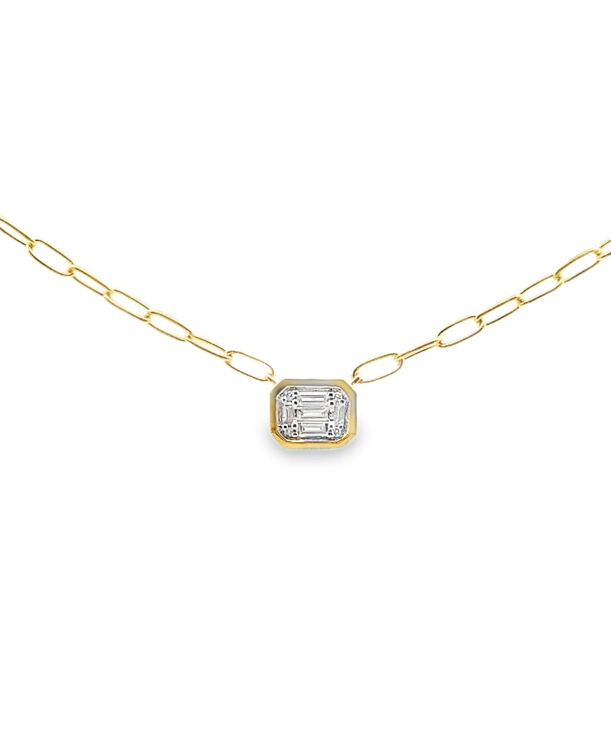 14K yellow gold paperclip chain necklace by Allison Kaufman. The necklace is furnished with baguette and round faceted diamonds weighing 0.14 carats total.

- 18 inches long