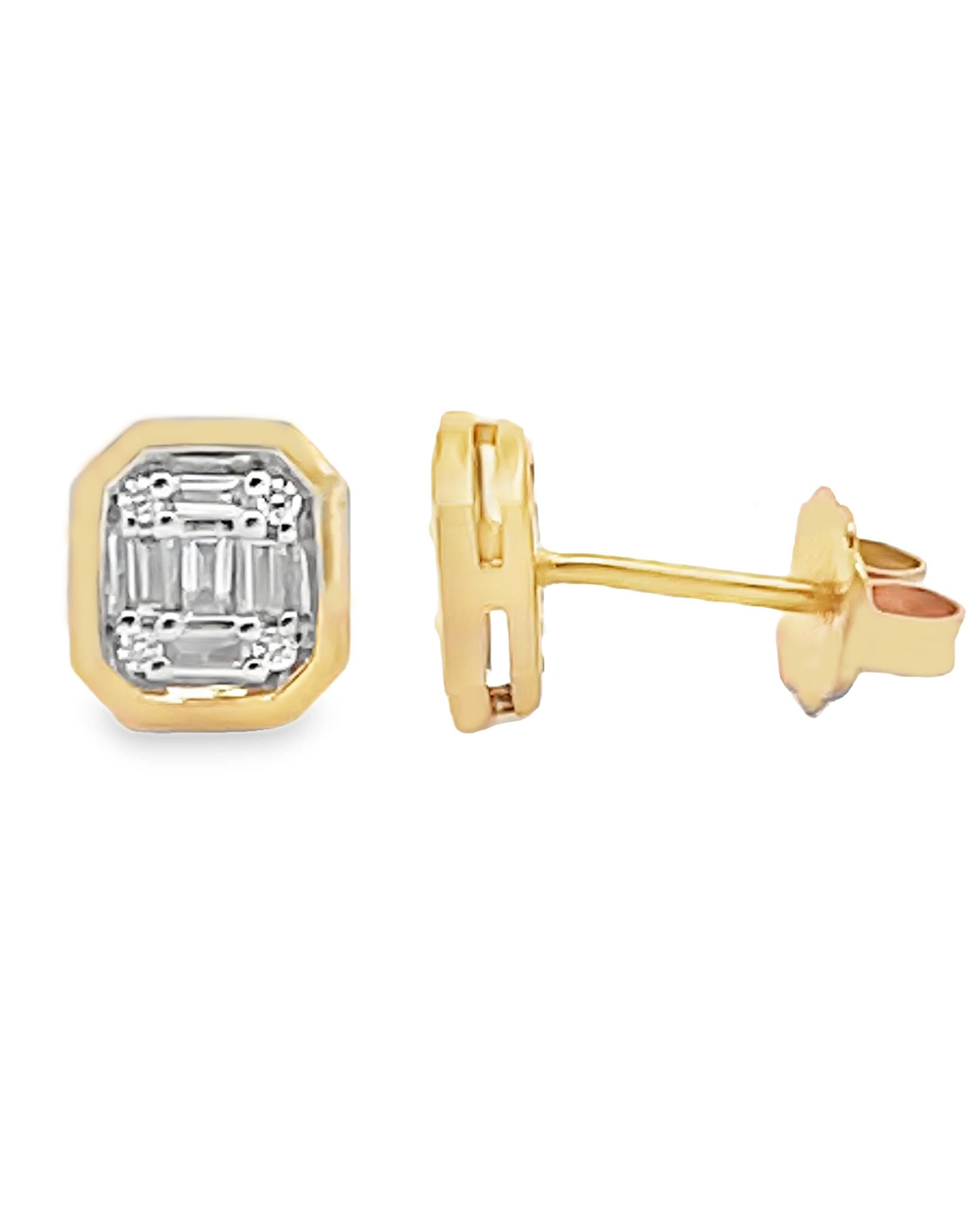 Allison Kaufman 14K yellow gold post earrings with baguette & round cut diamonds weighing 0.16 carat total.  

- Diamonds are G color, SI3 clarity