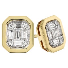 Allison Kaufman 14K Yellow Gold Stud Earrings with Round and Baguette Diamonds