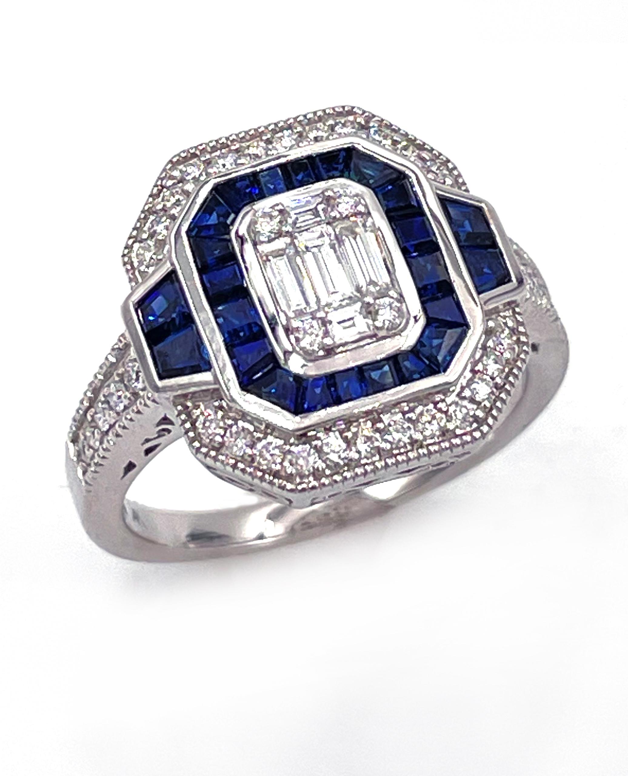 Allison Kaufman modern art deco style 14K white gold ring with 24 tapered baguette sapphires weighing 1.00 carats total. The ring is also furnished with 38 round brilliant-cut diamonds and 5 baguette diamonds weighing 0.40 carats total weight.

-
