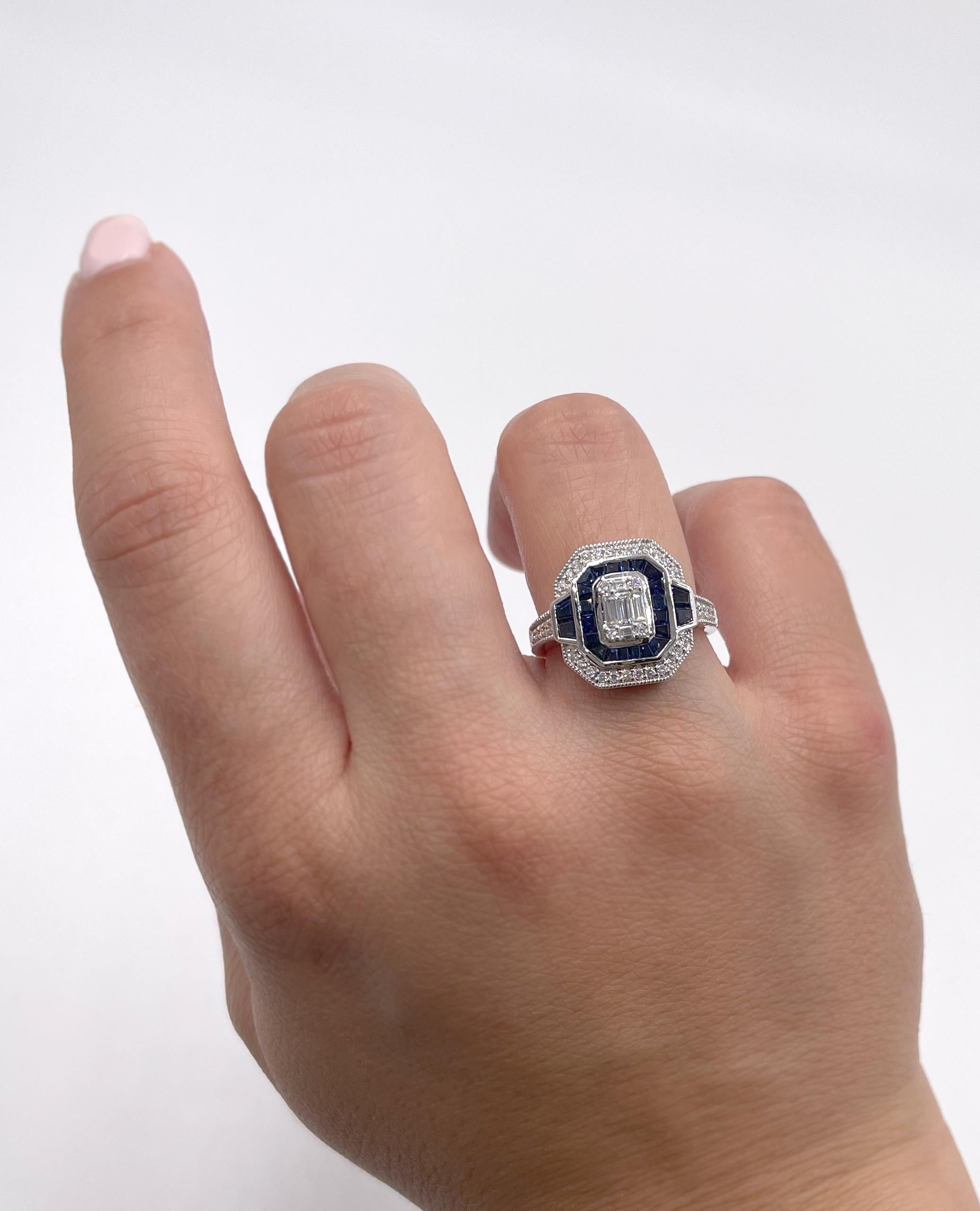 Baguette Cut Allison Kaufman Modern Art Deco Style 14K White Gold Sapphire and Diamond Ring