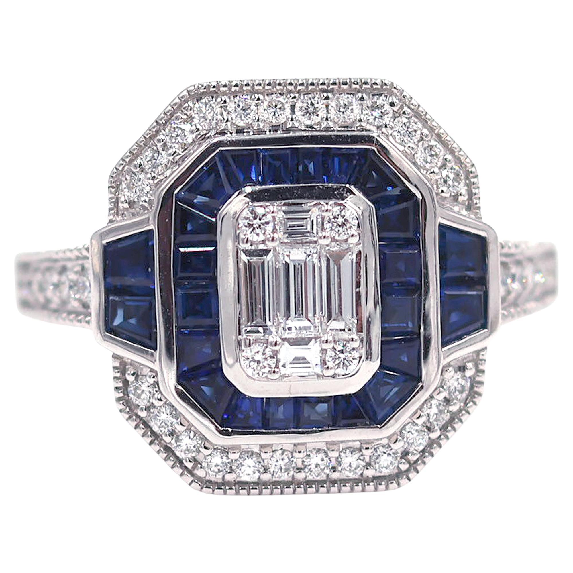 Allison Kaufman Bague saphir et diamant en or blanc 14K de style art déco moderne en vente