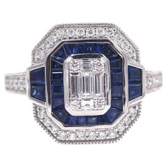Allison Kaufman Modern Art Deco Style 14K White Gold Sapphire and Diamond Ring