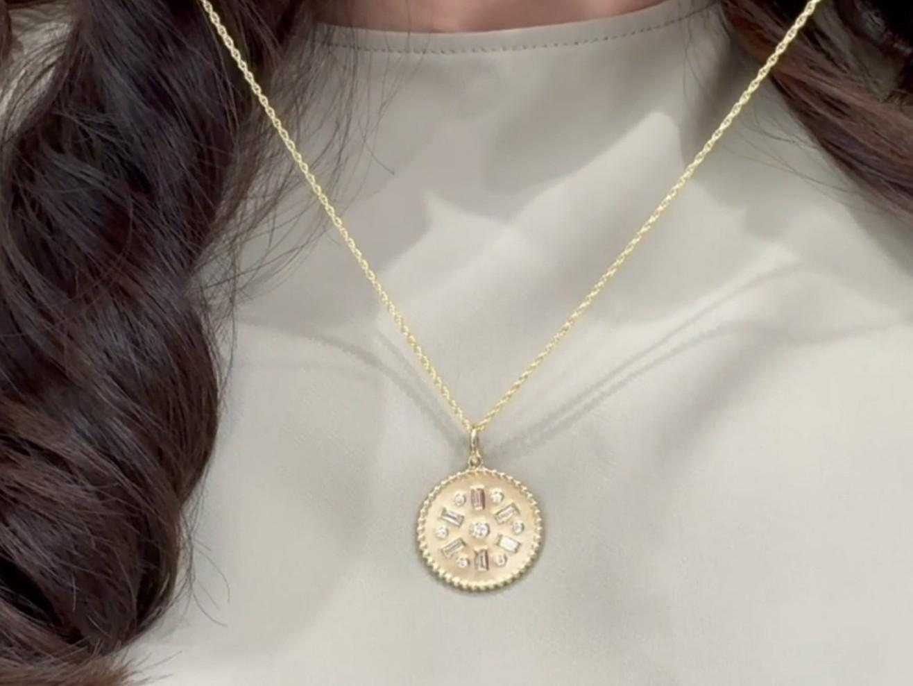 Allison Kaufman Pendant Geometric Diamond Medallion Necklace in 14K Yellow Gold For Sale 2
