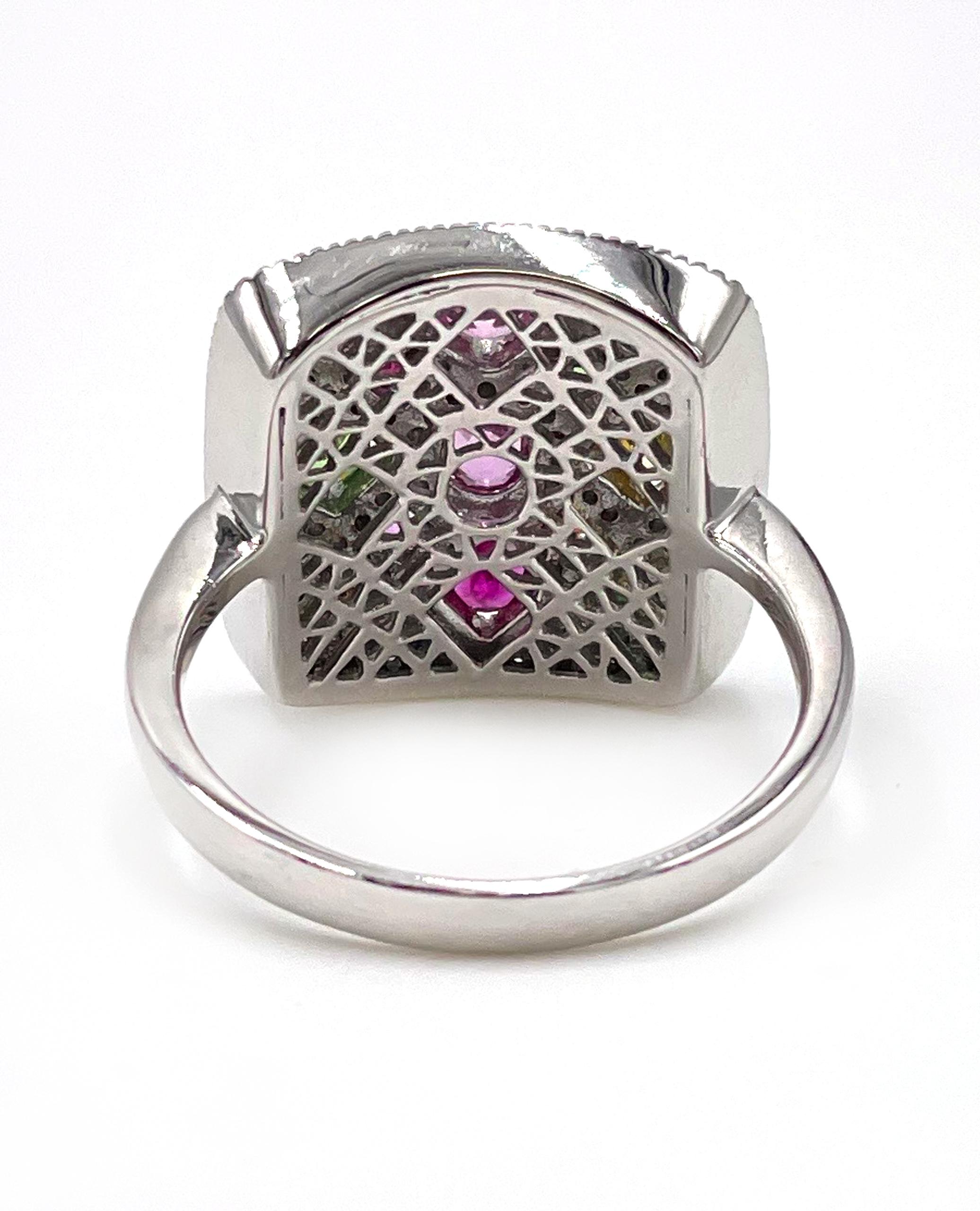 Taille mixte Allison Kaufman Bague cocktail colorée de forme carrée en or blanc 14K en vente