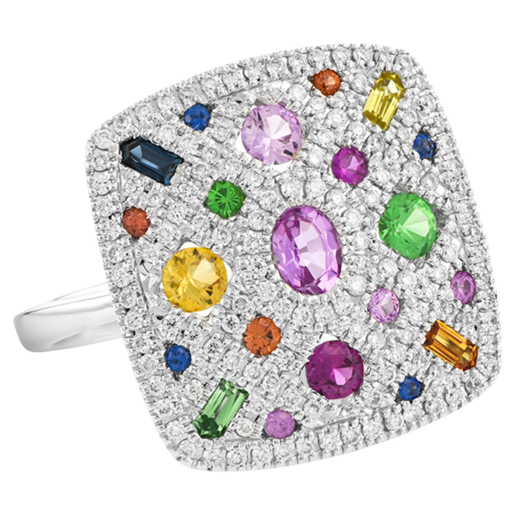 Allison Kaufman Bague cocktail colorée de forme carrée en or blanc 14K en vente