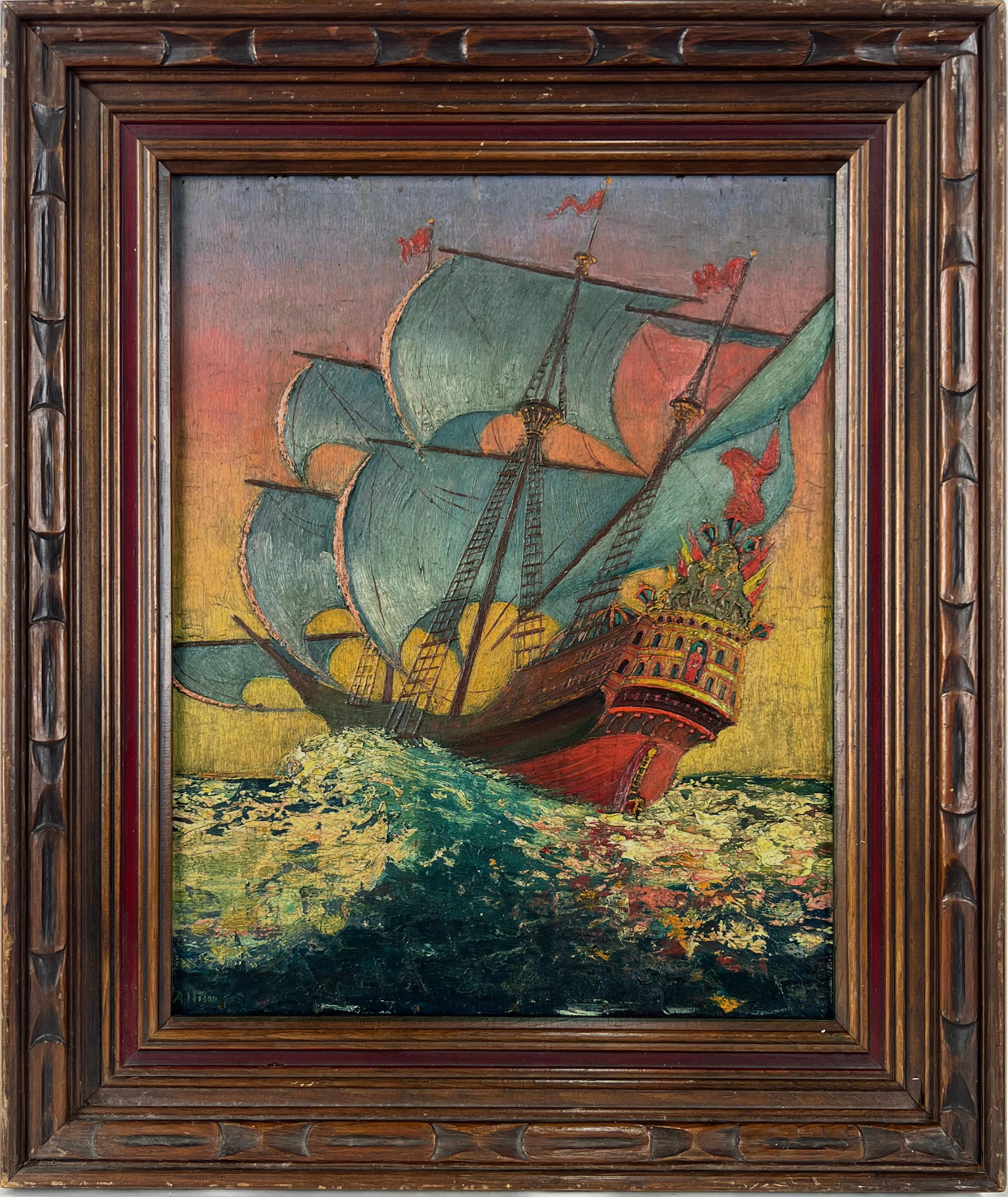 A Spanish Galleon in the Tropics in High Seas Oil Impasto on Panel - Painting by Allison