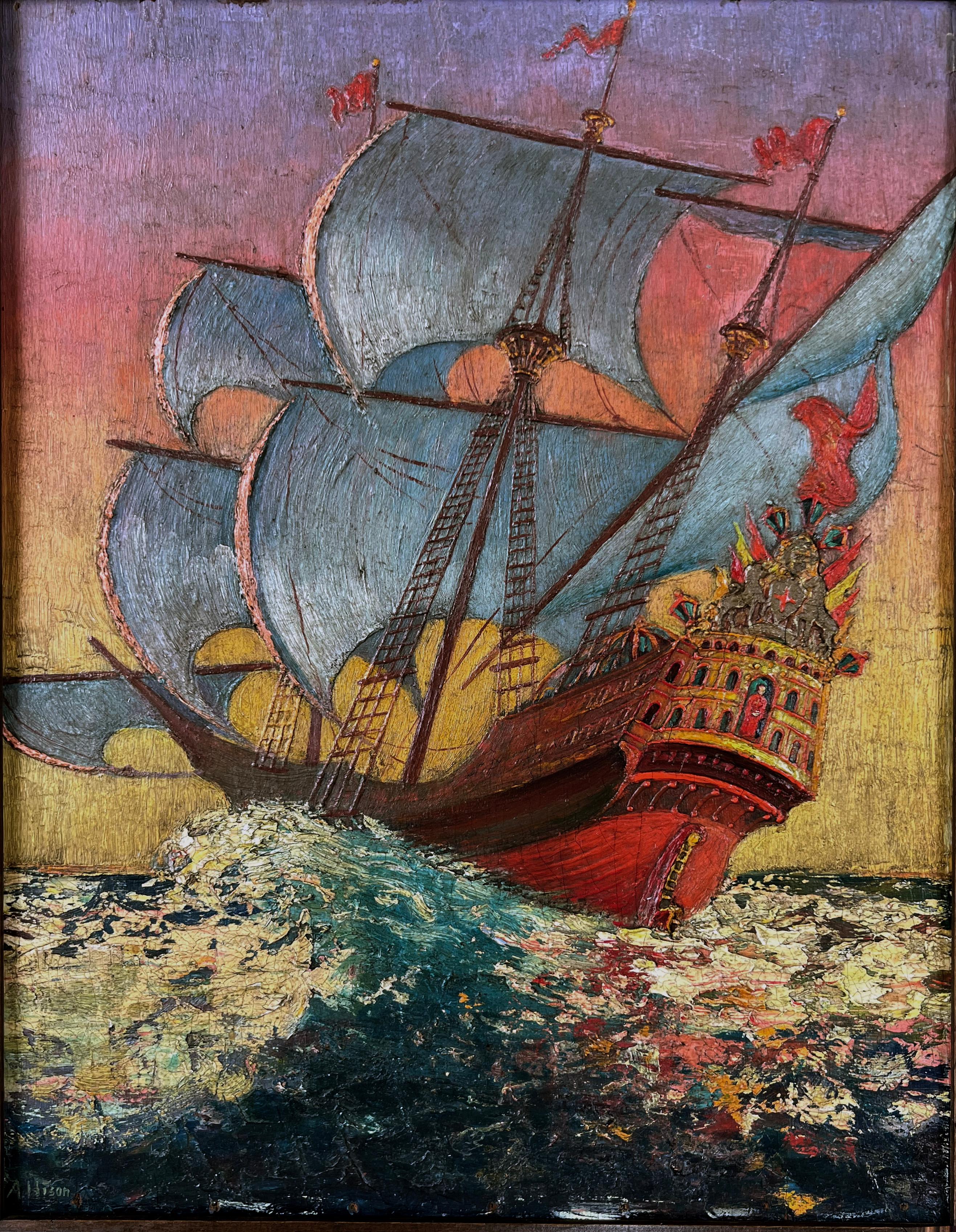 A Spanish Galleon in the Tropics in High Seas Oil Impasto on Panel
An exceptionally detailed oil impasto on wood panel of a Spanish Galleon by unknown artist Allison (American 19-20th Century). Many banners and Flags adorned this Galleon and a red