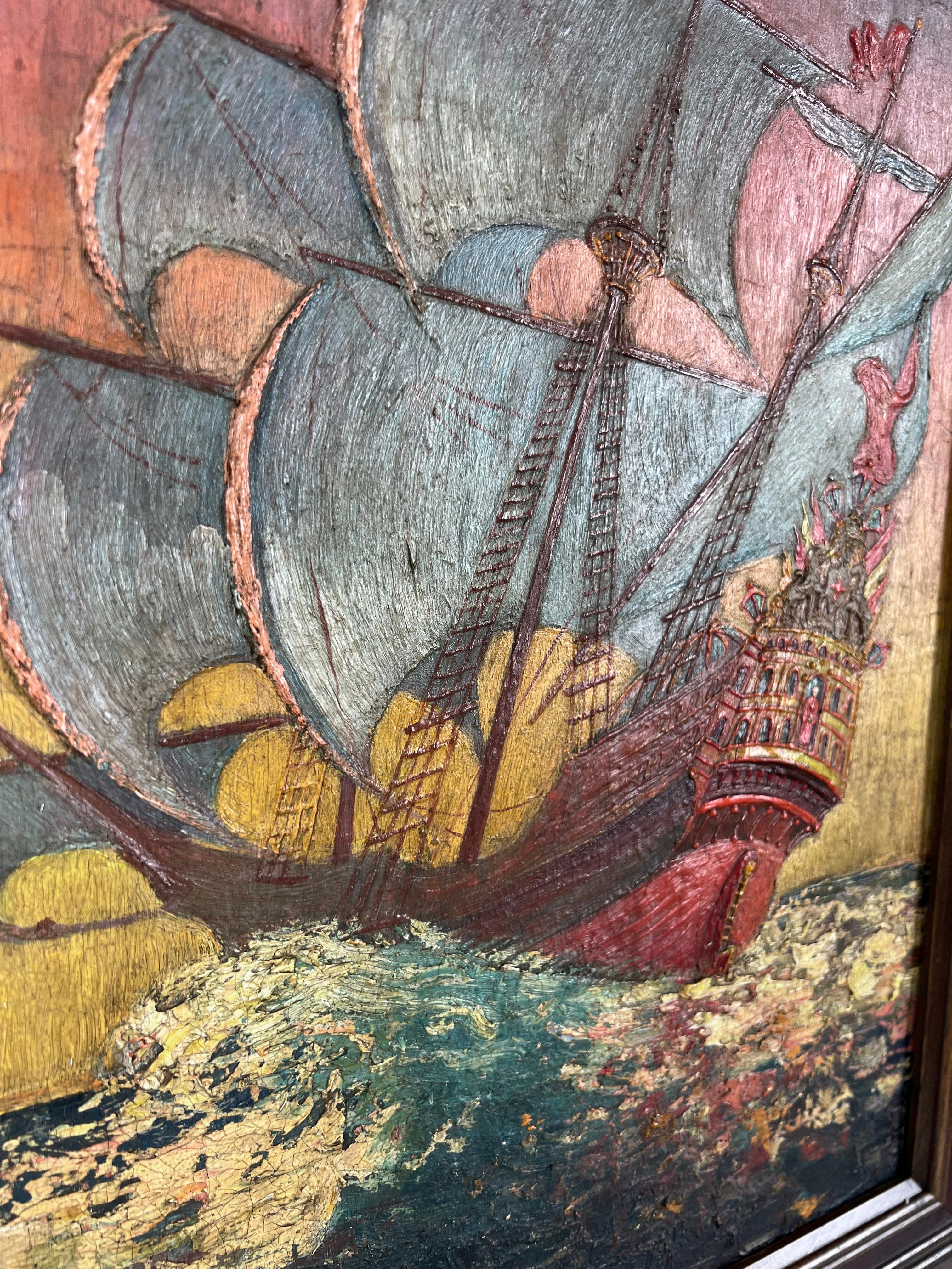 A Spanish Galleon in the Tropics in High Seas Oil Impasto on Panel 3