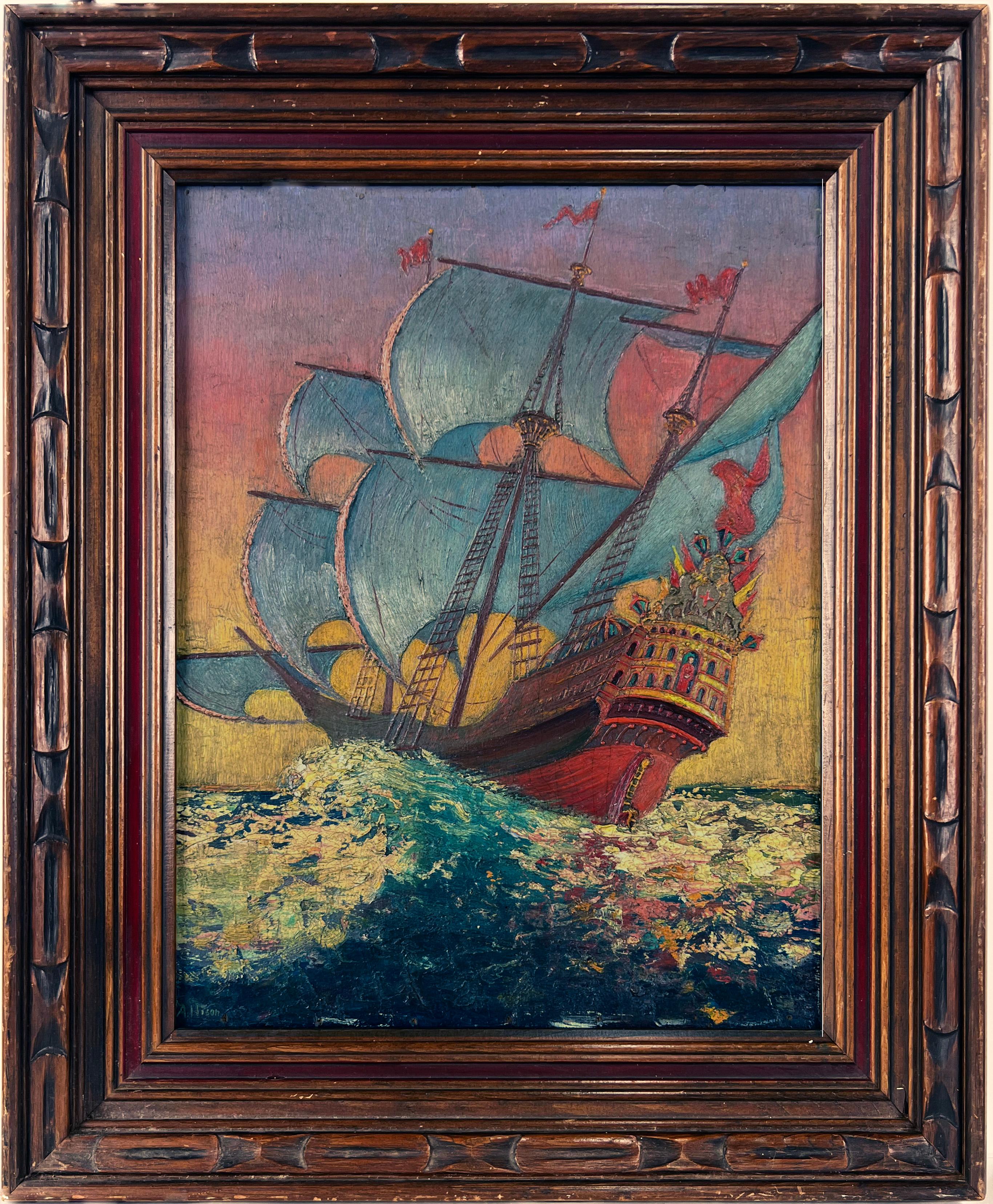 Allison Landscape Painting - A Spanish Galleon in the Tropics in High Seas Oil Impasto on Panel
