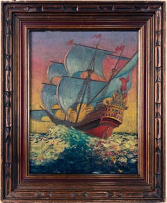 Vintage A Spanish Galleon in the Tropics in High Seas Oil Impasto on Panel