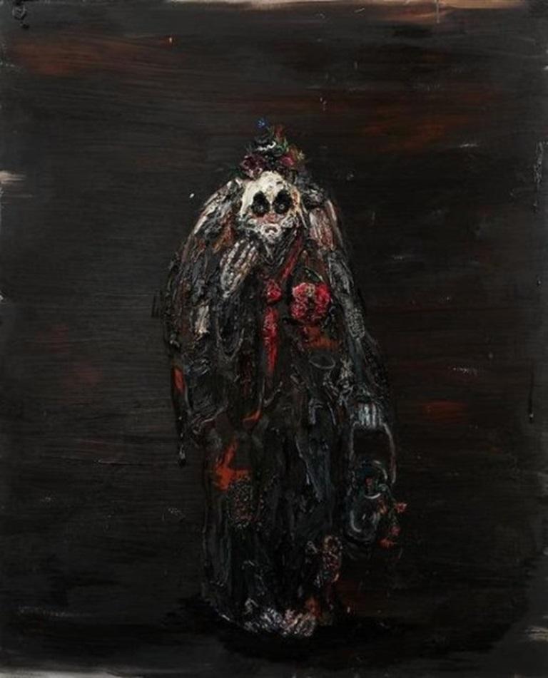 Hobo-Clown mit Eimer, Öl auf Leinen, Gemälde von Allison Schulnik, 2011
