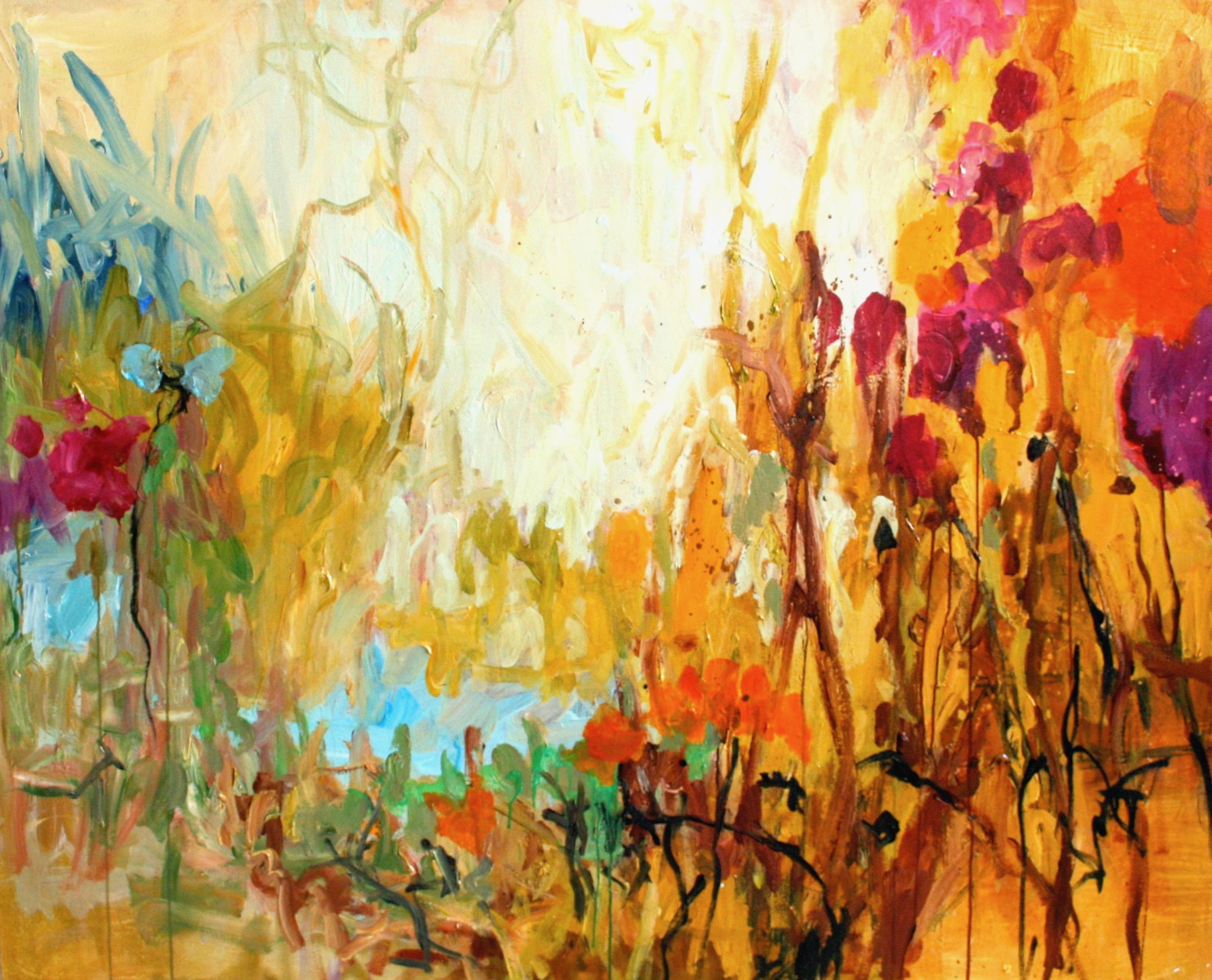 Along the River #3 (abstract, flowers, river's edge) - Mixed Media Art by Allison Stewart