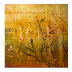 Closer #4 (abstract landscape, grasses, wild flowers, gold, salmon, olive)