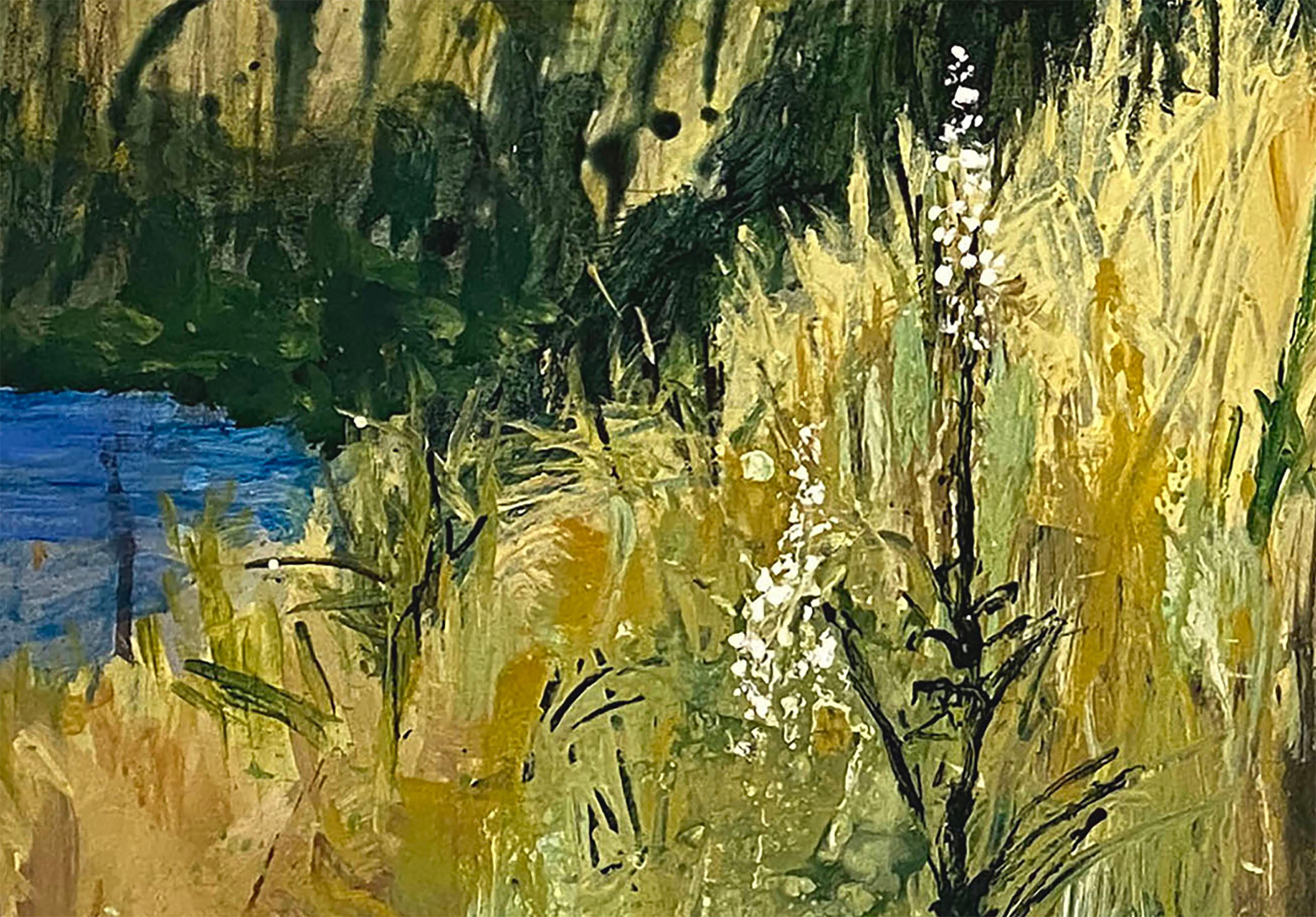 Descent (abstract, mtn hillside, lake, forest, wildflowers, green, gold, red) - Painting by Allison Stewart