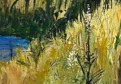Abstieg (abstrakt, Berghang, See, Wald, Wildblumen, grün, gold, rot)