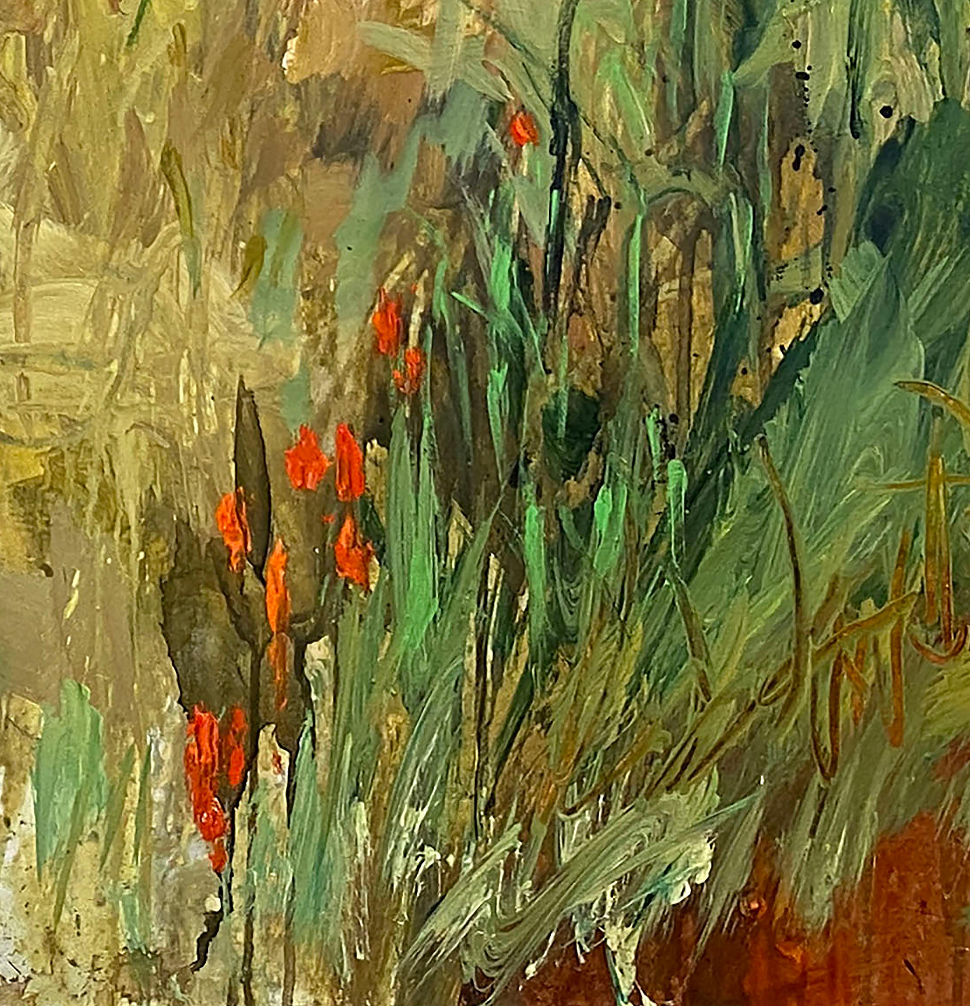 Descent (abstract, mtn hillside, lake, forest, wildflowers, green, gold, red) - Brown Abstract Painting by Allison Stewart
