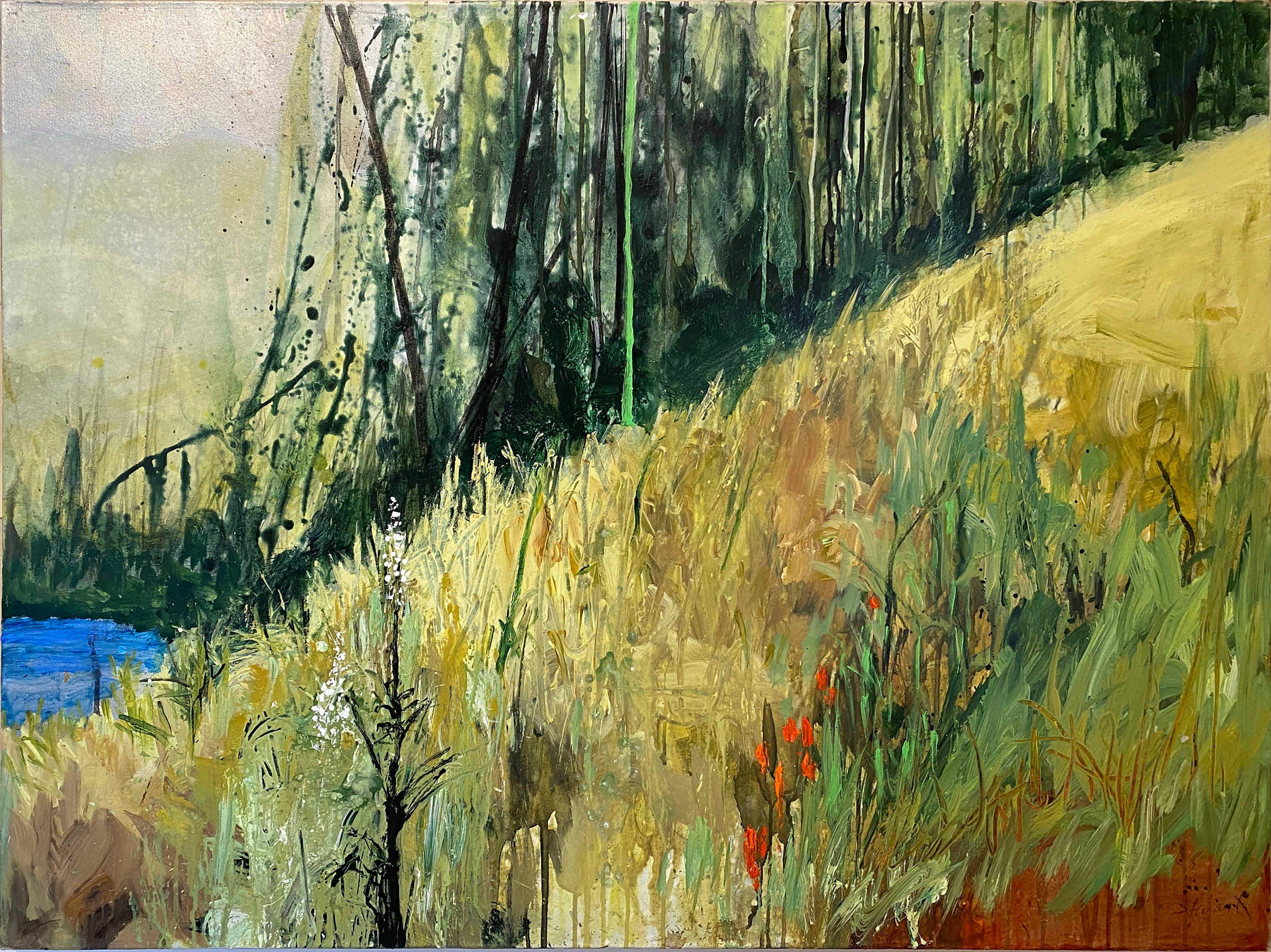 Allison Stewart Abstract Painting - Descent (abstract, mtn hillside, lake, forest, wildflowers, green, gold, red)