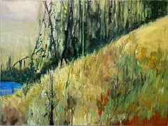 Descent (abstract, mtn hillside, lake, forest, wildflowers, green, gold, red)