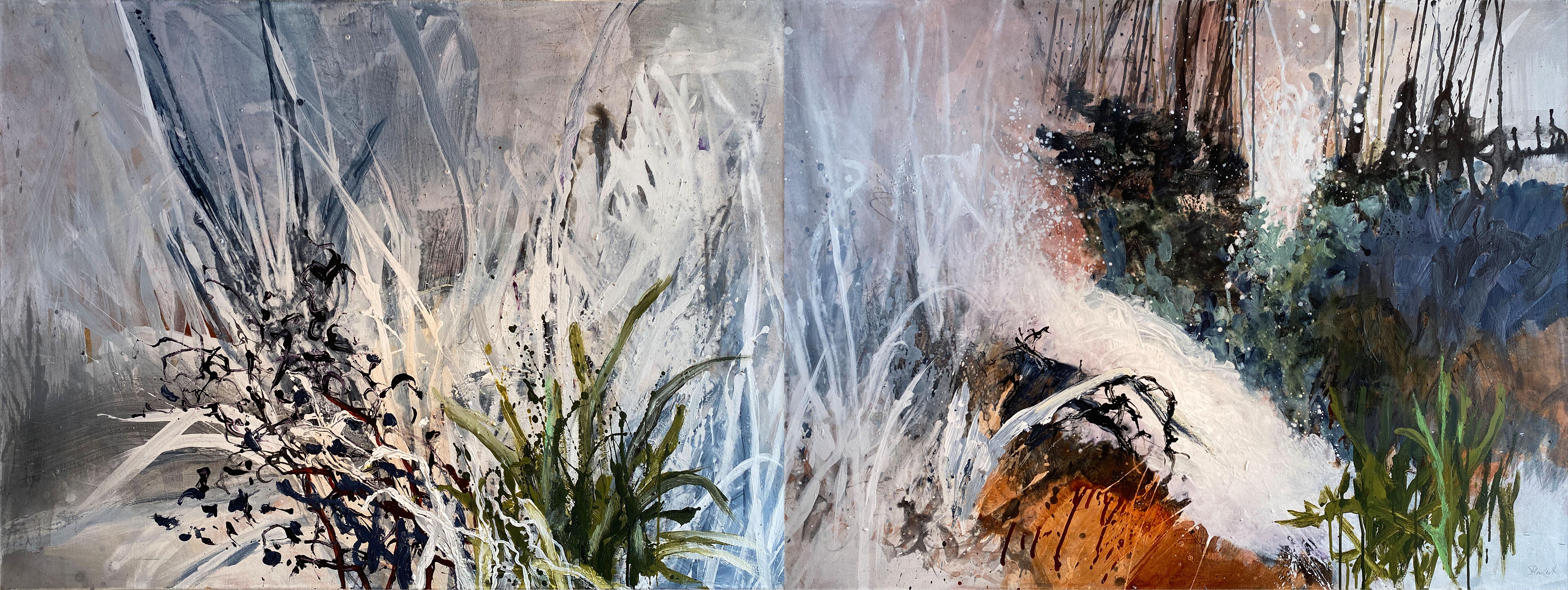 From the Edge 2 Diptych (abstract, wildflowers, blue, black, lilac, gold, red) - Painting by Allison Stewart