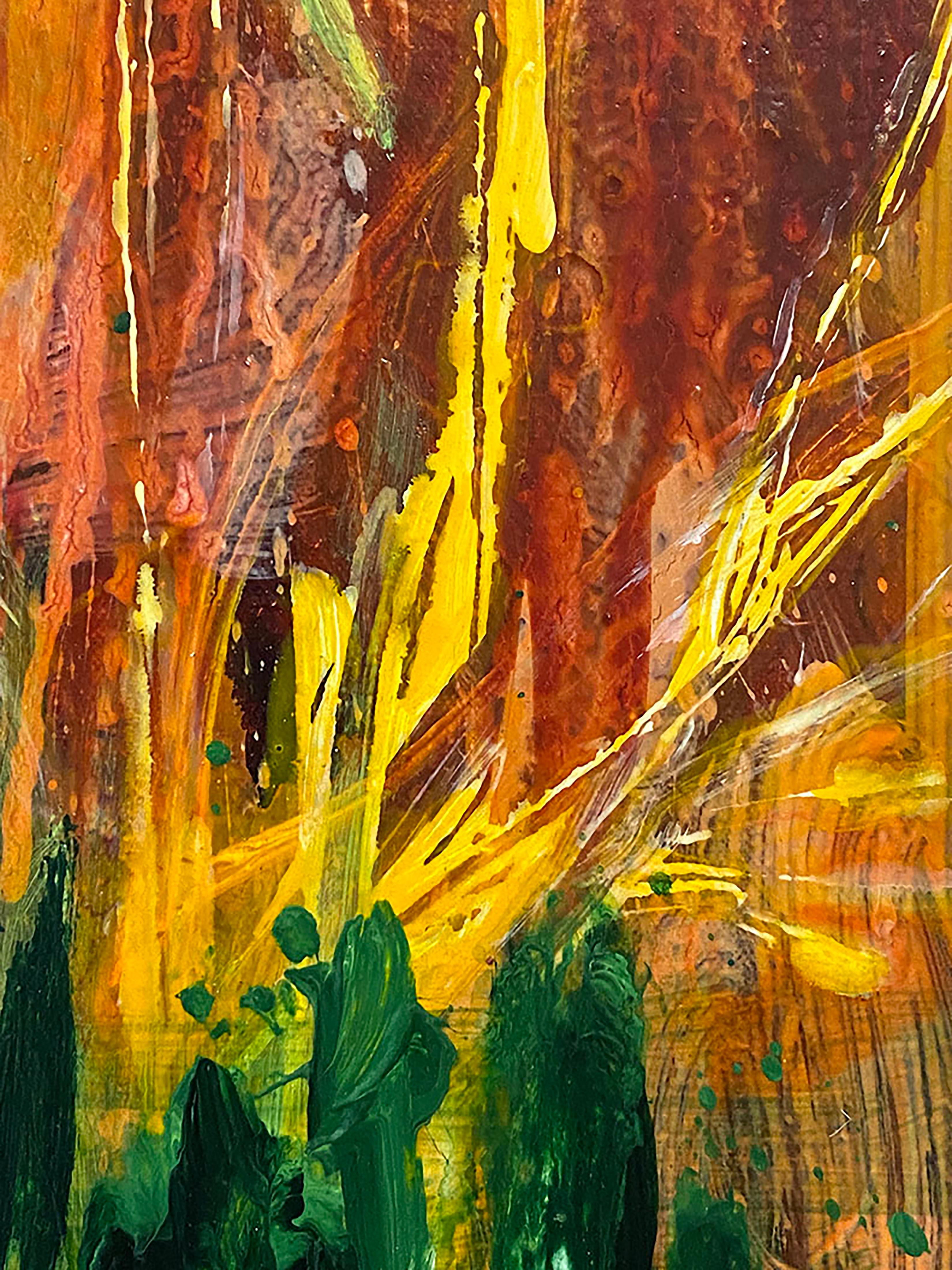 Marsh Passing (abstract, wildflowers, coral, red, green, yellow, gold) - Painting by Allison Stewart