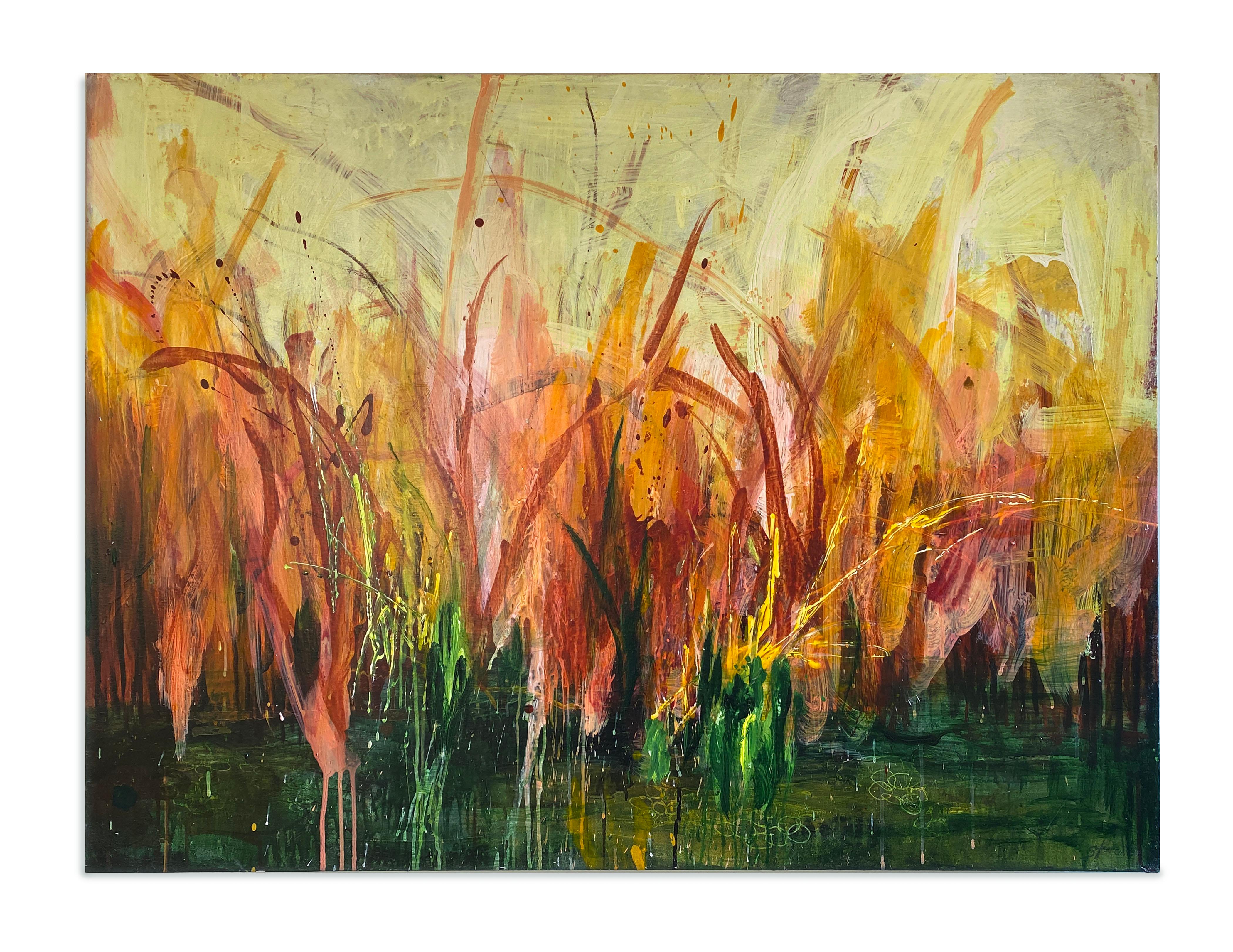 Marsh Passing (abstract, wildflowers, coral, red, green, yellow, gold) - Brown Abstract Painting by Allison Stewart