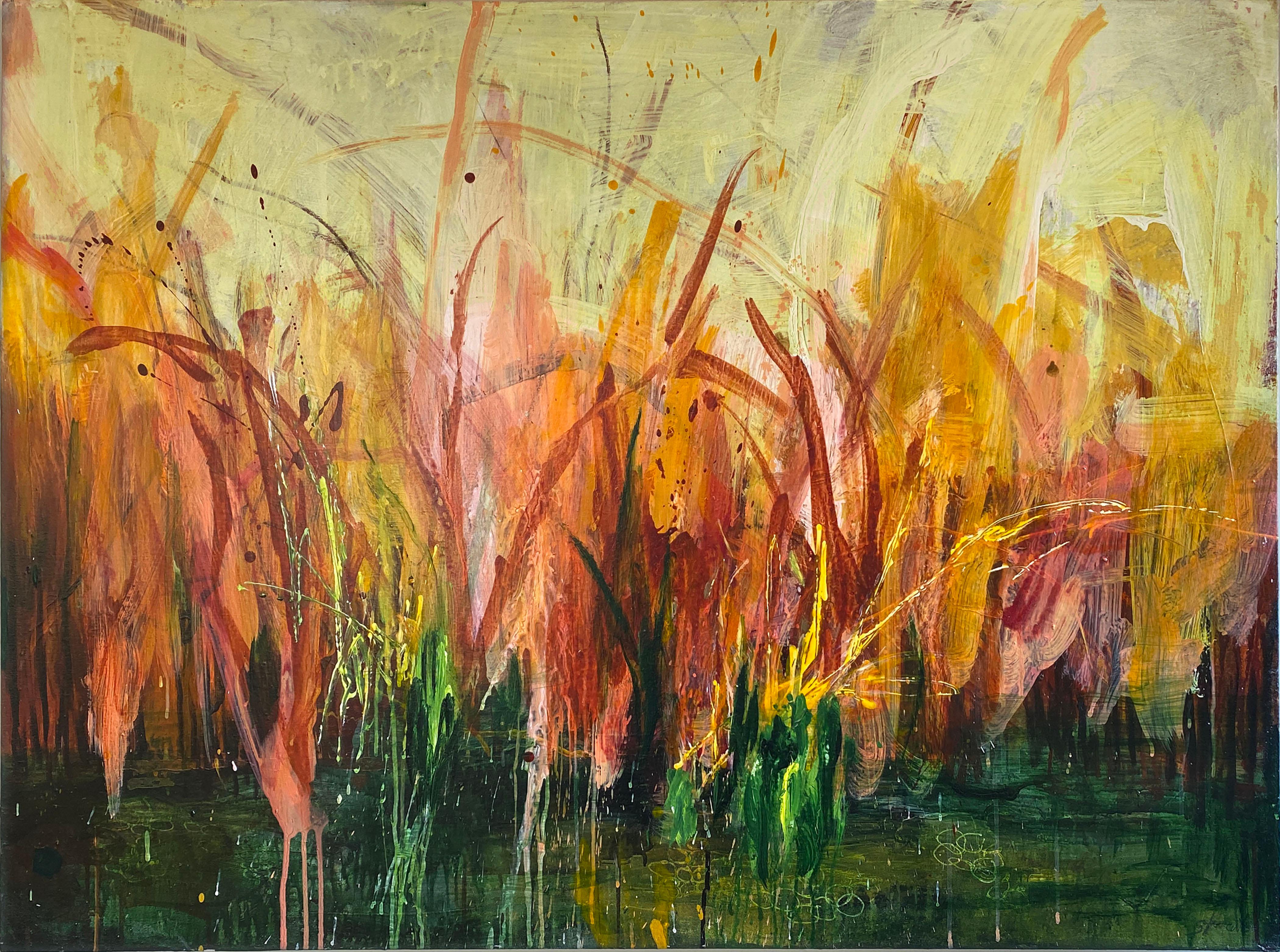 Allison Stewart Abstract Painting - Marsh Passing (abstract, wildflowers, coral, red, green, yellow, gold)