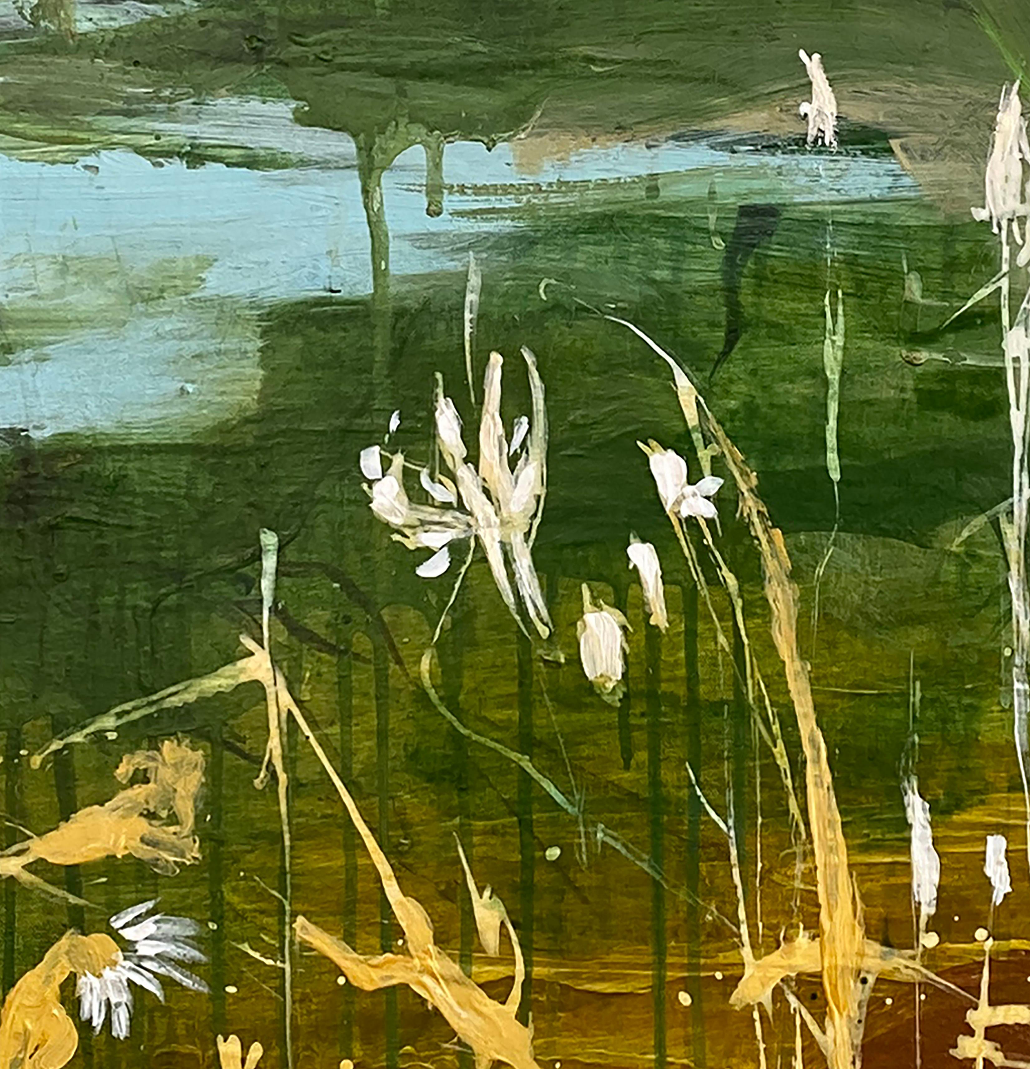 Water Marks #2 (water's edge, blue waters, white blooms, color, texture, earthy) - Brown Landscape Painting by Allison Stewart