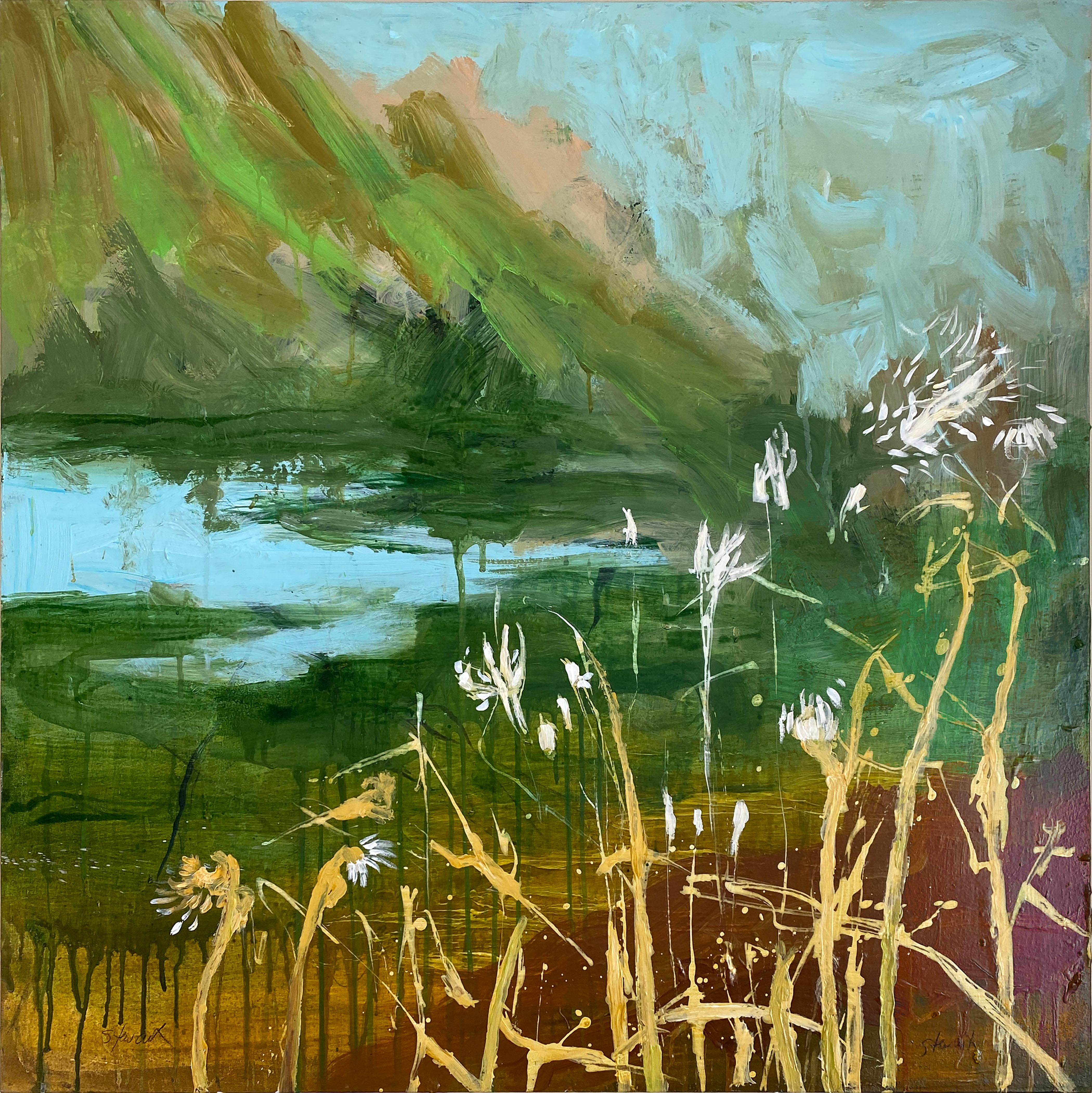 Allison Stewart Landscape Painting - Water Marks #2 (water's edge, blue waters, white blooms, color, texture, earthy)